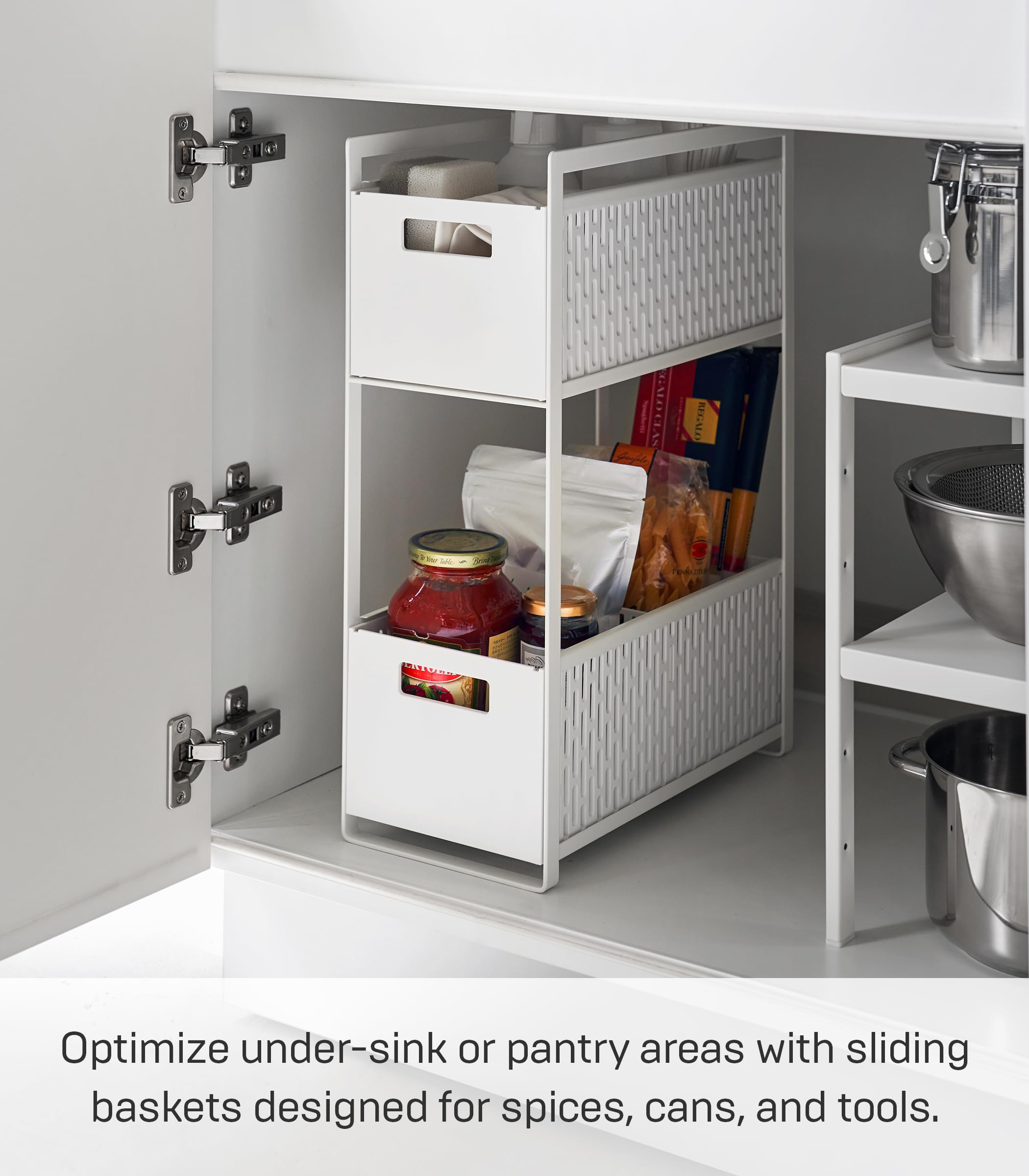 Yamazaki Home Tower 2 Tier Sliding Baskets Organizer Rack For Pantry Or Under Sink Storage - Space-Saving Solution For Spices, Cans, Cleaning Goods - Abs Plastic -