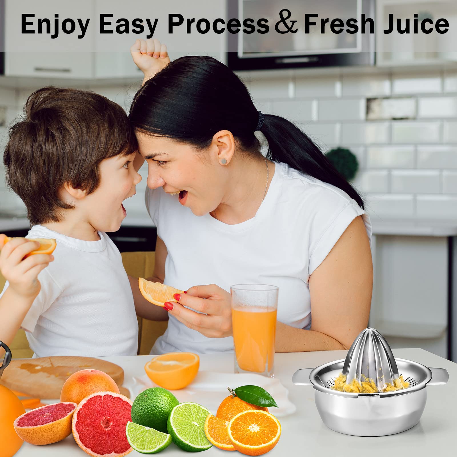 Presse-Agrumes Manuel en Acier Inoxydable 18/8 avec Récipient 450ml, Robuste Presse-Citron/Orange/Petit Pamplemousse avec Tamis et 2 Buses, Métal Extracteur de Jus d'Agrumes, Passe au Lave-Vaisselle