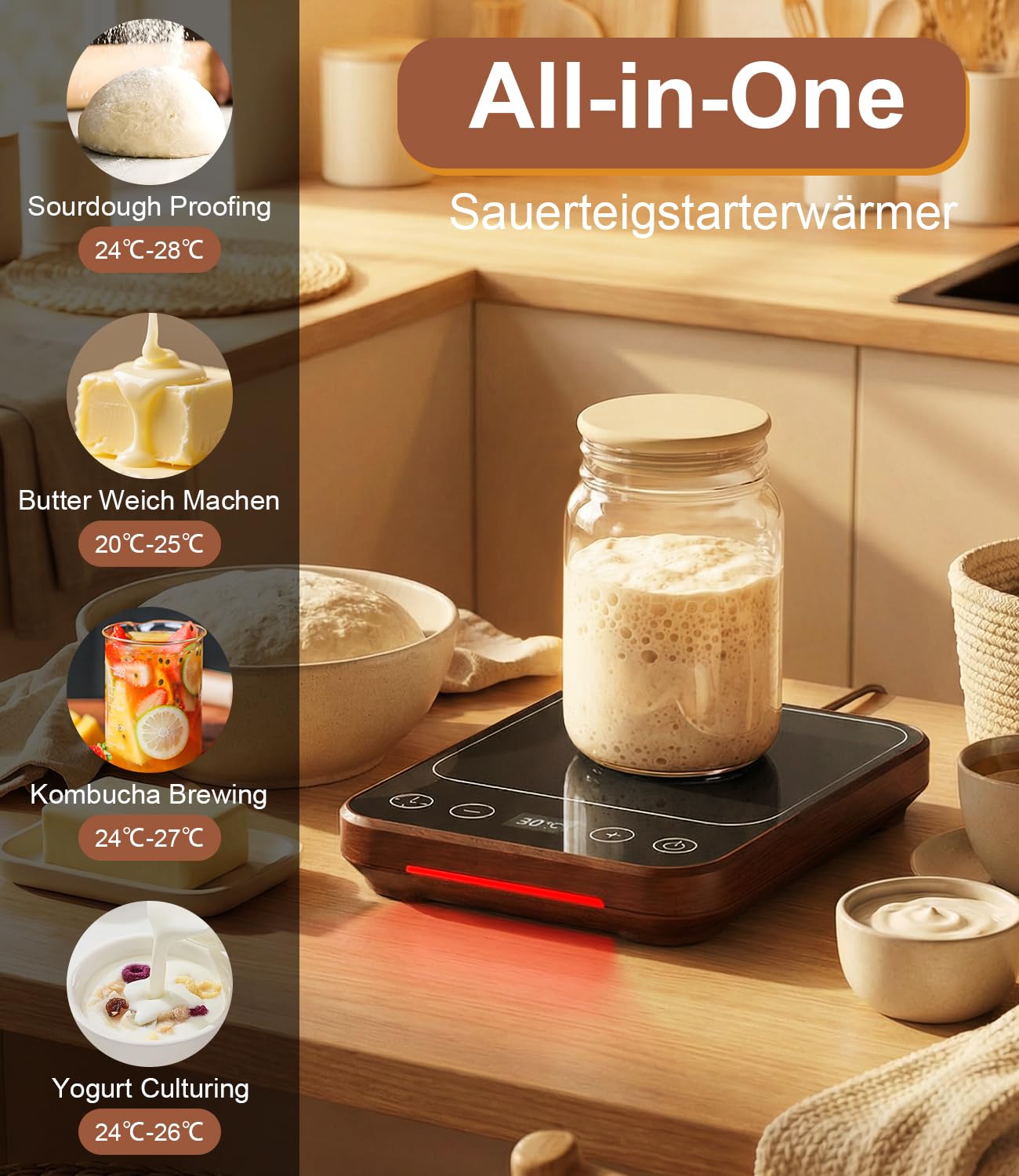 SauerteigStarterWärmer, 21℃-38℃ Wärmeplatte Präzise 1℃ Thermostat, Wärmematte Sauerteig mit 12-Stunden-Timer & Speicherfunktion, intelligenter Wärmer für Kombucha, Joghurt und Bierfermentation