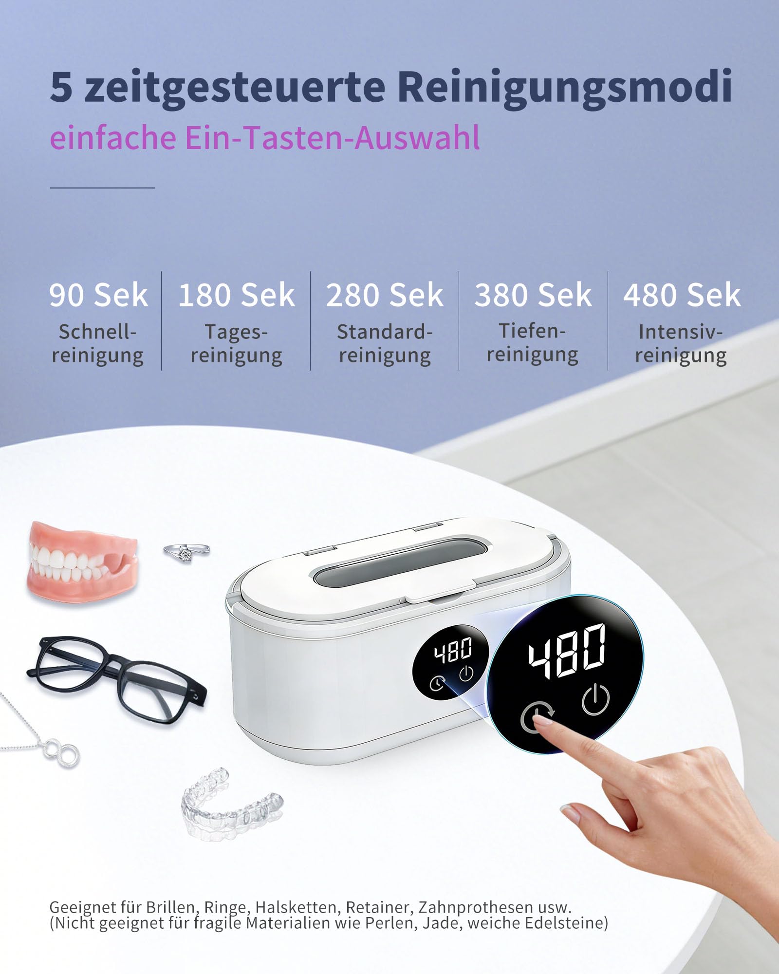 Ultraschallreinigungsgerät, 640ml Brillenreinigungsgerät, 49000Hz Ultraschallreiniger professionelle, 5 Modi Ultrasonic Cleaner mit Display, für Brille, Schmuck, Uhren Ringe