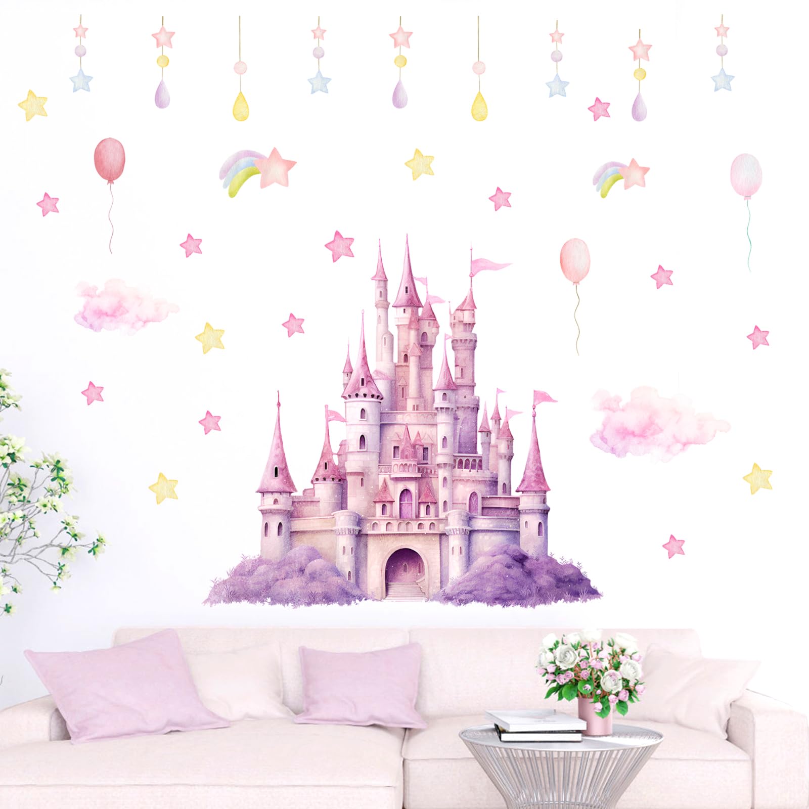SAVITA 2 Láminas Vinilos de Princesas, Rosa y Morado, Pegatinas para Habitación de Niña Grandes Autoadhesivos Vinilo Castillos Estrellas y Nubes Papel Pintado Extraíble para Habitación Infantil