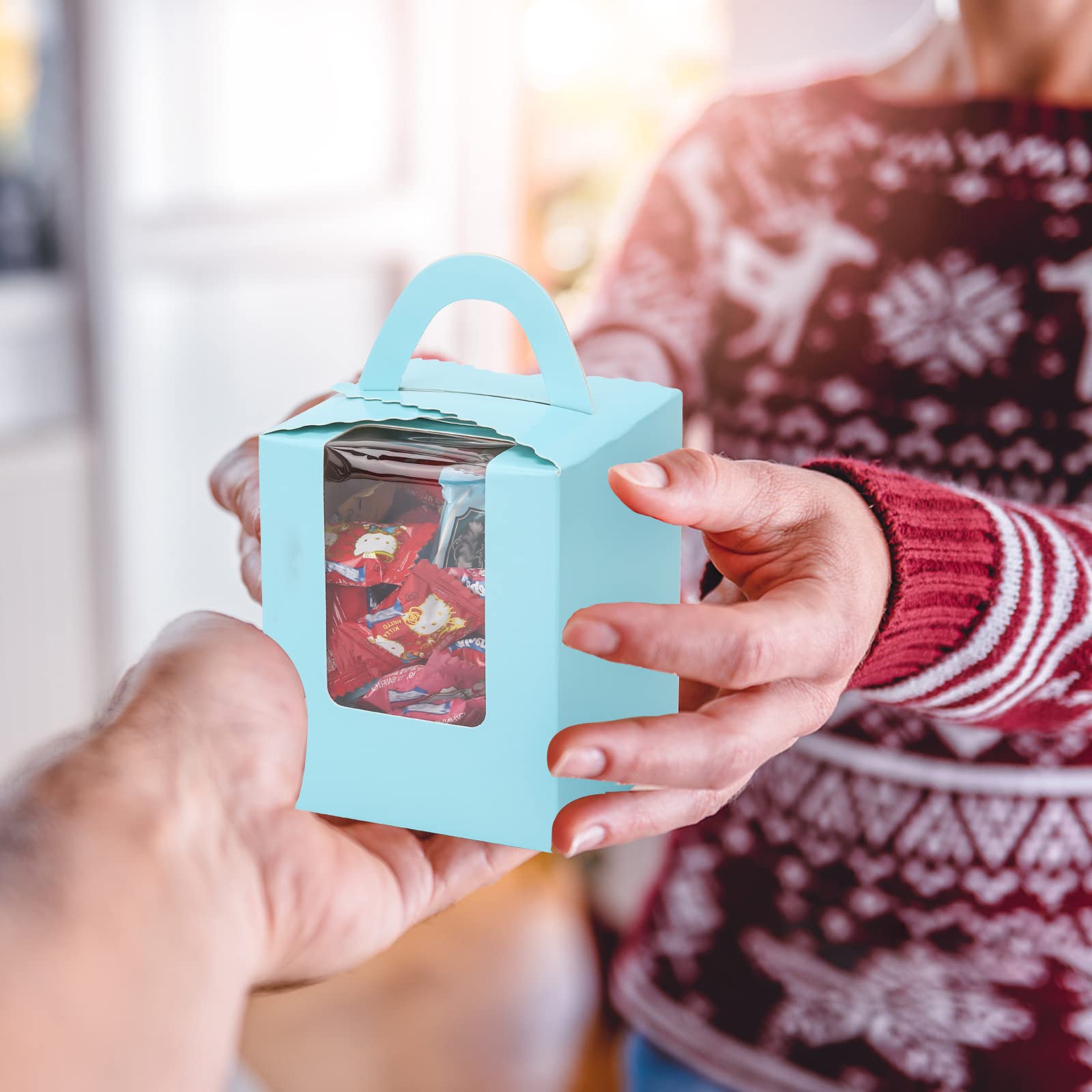 100 cajas para cupcakes con asa de ventana e insertos para regalo de boda, fiesta de cumpleaños (azul)