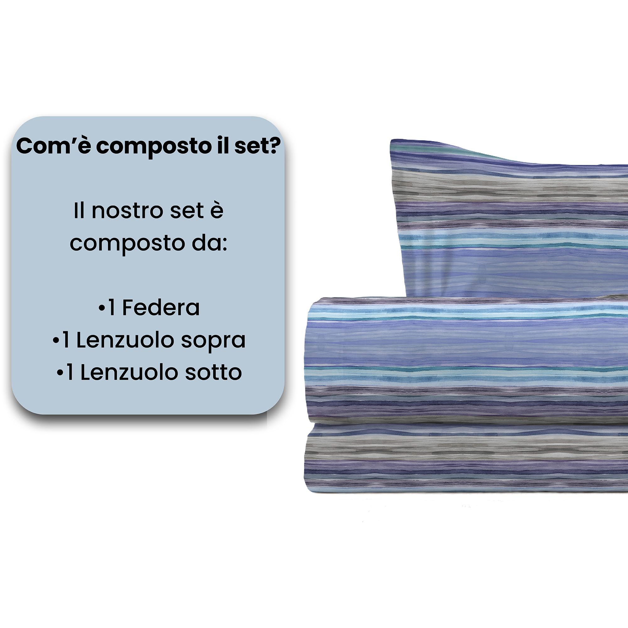 Set Lenzuola Letto Singolo River, lavorato in Italia - Completo Letto, Lenzuolo Sotto con Angoli, Telo Sopra 90x200cm e Federa con Patella Interna (Singolo, rio blue)
