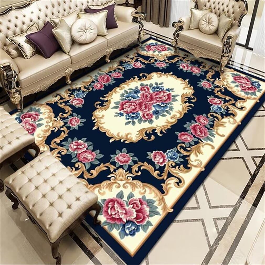 Carpette chambre tapis ado bleu 100x210 grand tapis fille floral