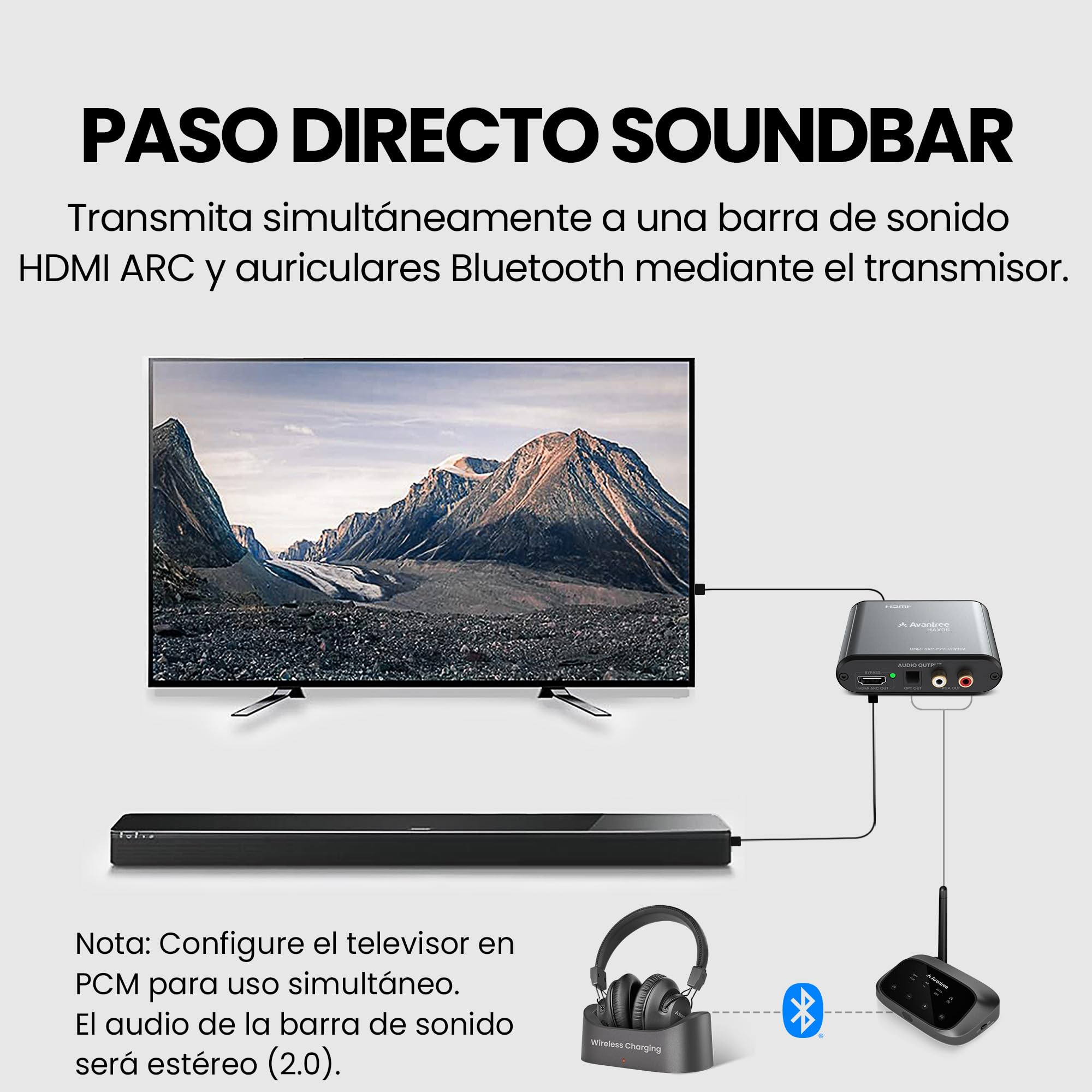 Avantree HAX06 – Extractor de Audio HDMI ARC con passthrough para TV, Barra de Sonido y Auriculares en Uso simultáneo, Salidas óptica y RCA