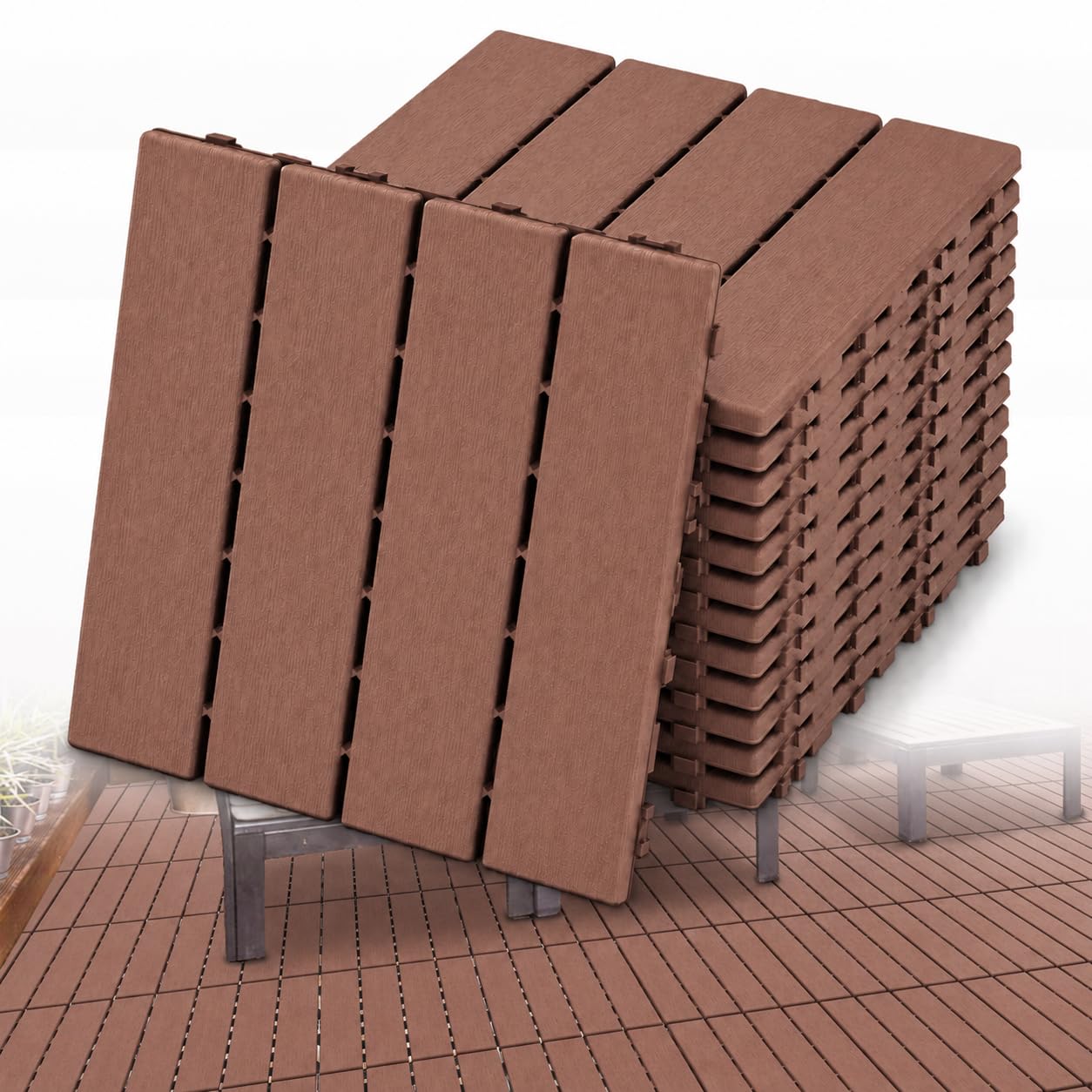 LARS360 Plastic Decking Tiles 30 x 30 cm, 11 Tiles, Red Brown with 4-SLAT
