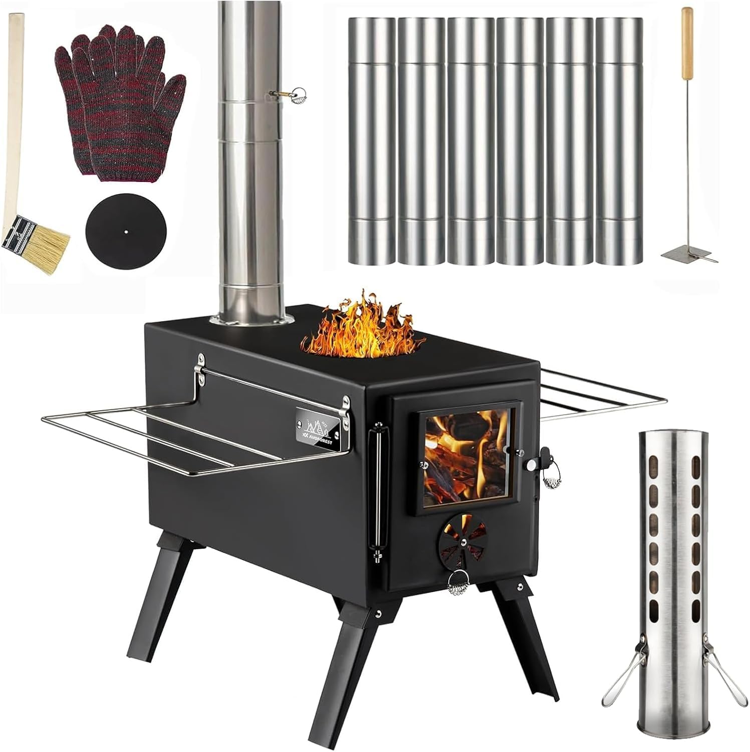 Estufa de tienda de campaña, estufa de leña portátil para acampar al aire libre con tubos de chimenea y guantes de acero inoxidable, estufa de leña para cocinar, calefacción, camping, tienda