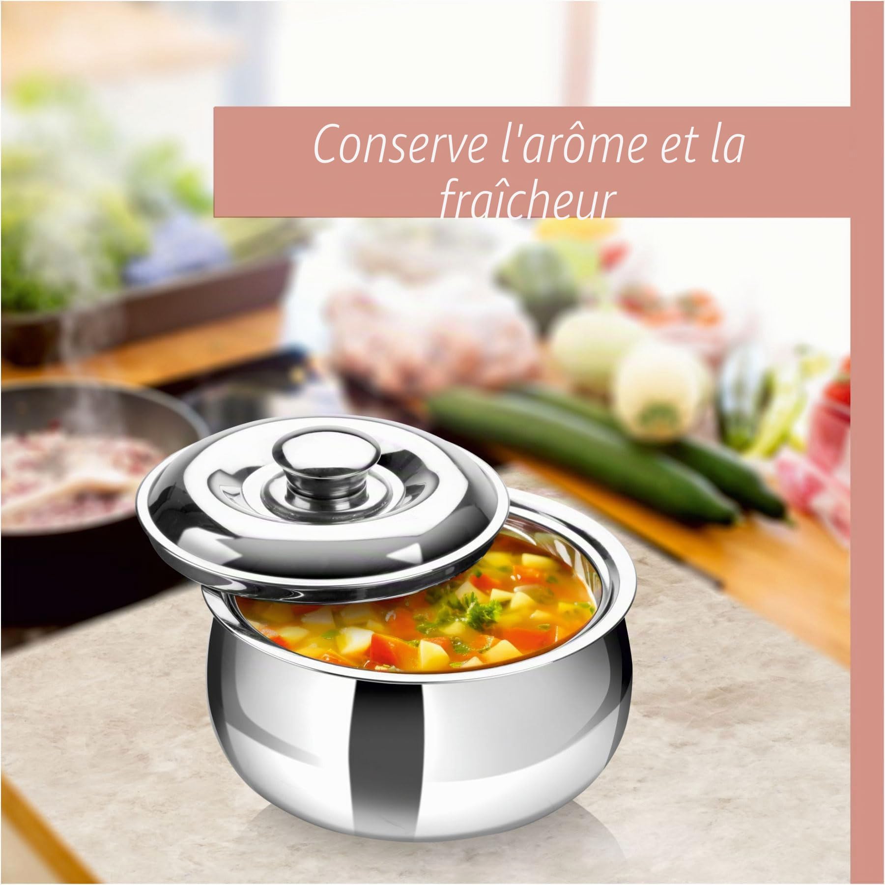 SIGNORA WARE Grande cocotte isotherme avec couvercle 3000 ml en acier inoxydable - Réchaud/refroidisseur - Bol de service thermique pour soupe/salade - Récipient pour aliments chauds - Meilleur