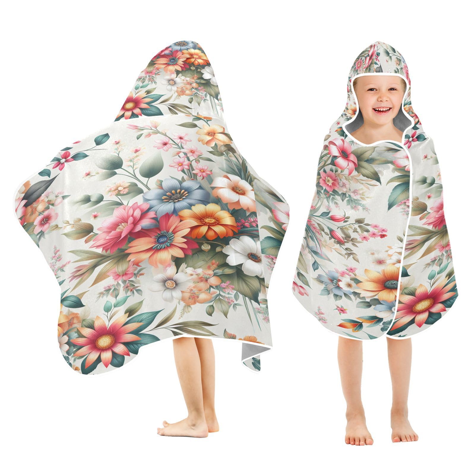 Kigai Colorful Flowers Hooded Beach Towel for Kids Soft Absorbent Quick Dry Bath Towel with Hood Lightweight Toddler Shower Pool Bath Wrap for Boys Girls