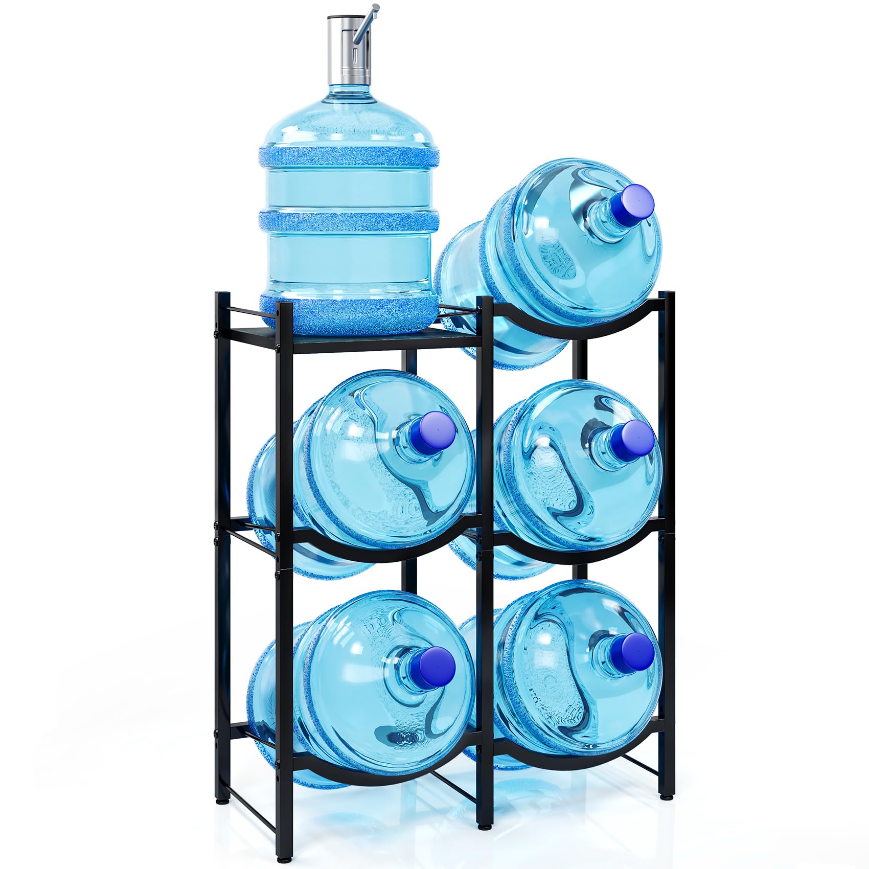 TC-HOMENY 5 Gallon Water Jug Holder Stand - 3-Tier Water Jug Rack for 5 Gallon Water Cooler Jug, Wooden Tabletop Organizer with 5 Slots for Home Office (Black)