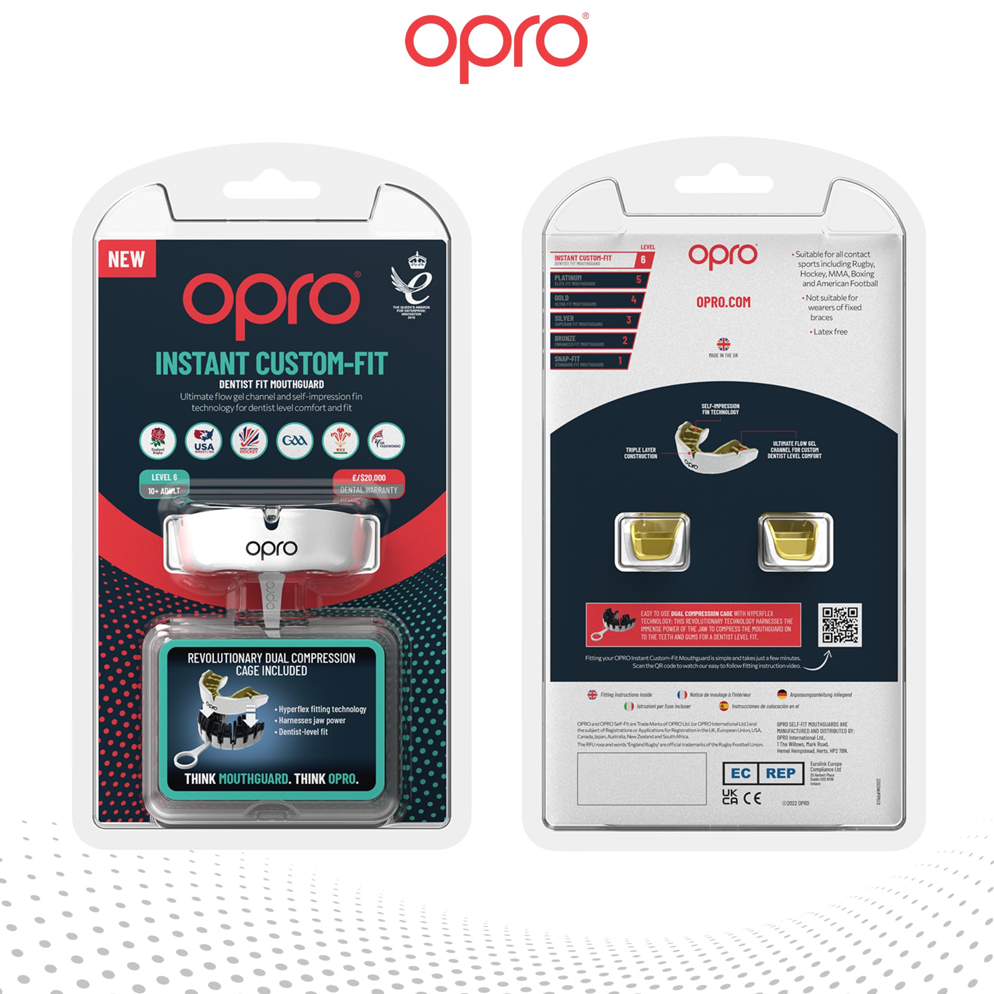 OPRO Paradenti Instant Custom-Fit - Protezione Dentale di Livello Odontoiatrico - Paradenti per Boxe, MMA, Rugby, Hockey - Per Adulti e Bambini - Automodellante - Con Garanzia Dentale