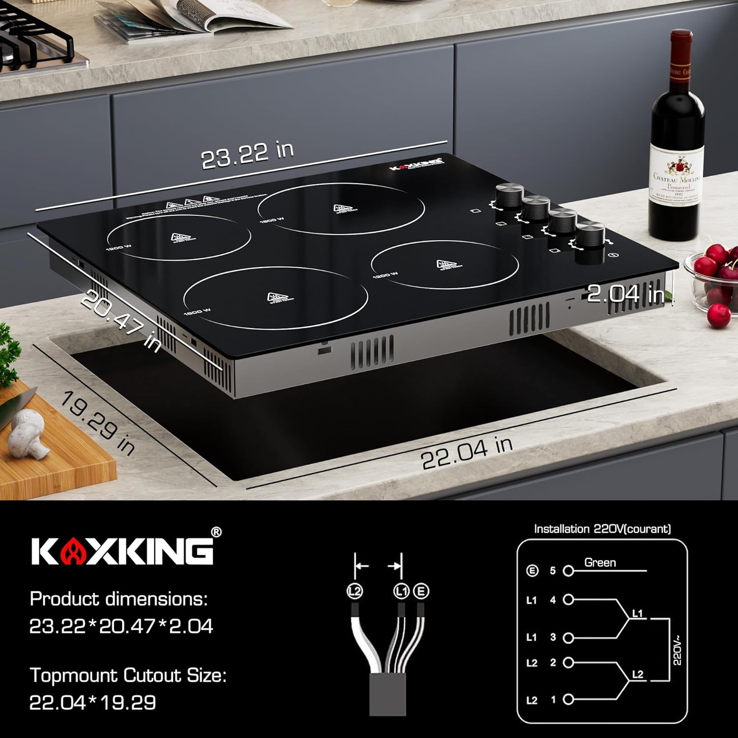 24 Inch Electric Cooktop 4 Burners, 6000W Ceramic Stove Top with Knob Control, 220V-240V Hardwired Built-in Radiant Cooktop, 8 Power Levels, Residual Heat Indicator, Black Glass (No Plug)