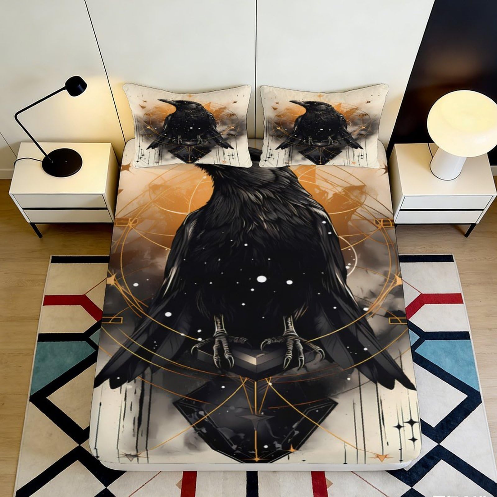 3D Printed Gothic Raven Fitted Sheet Microfiber Soft Breathable Mystic Crow Bed Cover for Bedroom Dormitory Guest Room Mattress Protection Decor 200x200x25cm