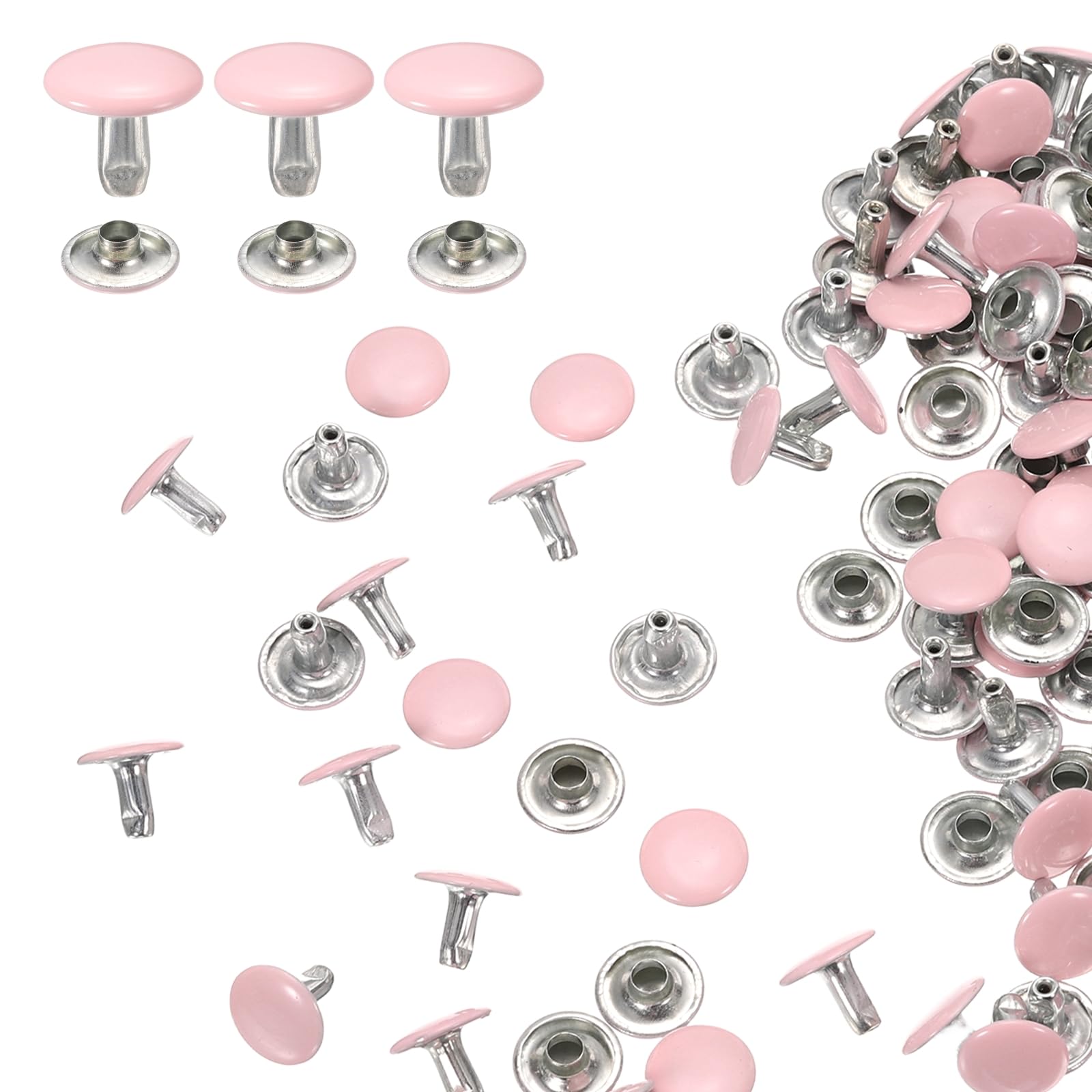 sourcing map 60 Sets Double Cap Leather Rivets, 8x10mm Round Cap Tubular Metal Studs Leather Crafting Rivets for Fabric Belt Pet Collar Boot Bag Repair and Decoration, Pink