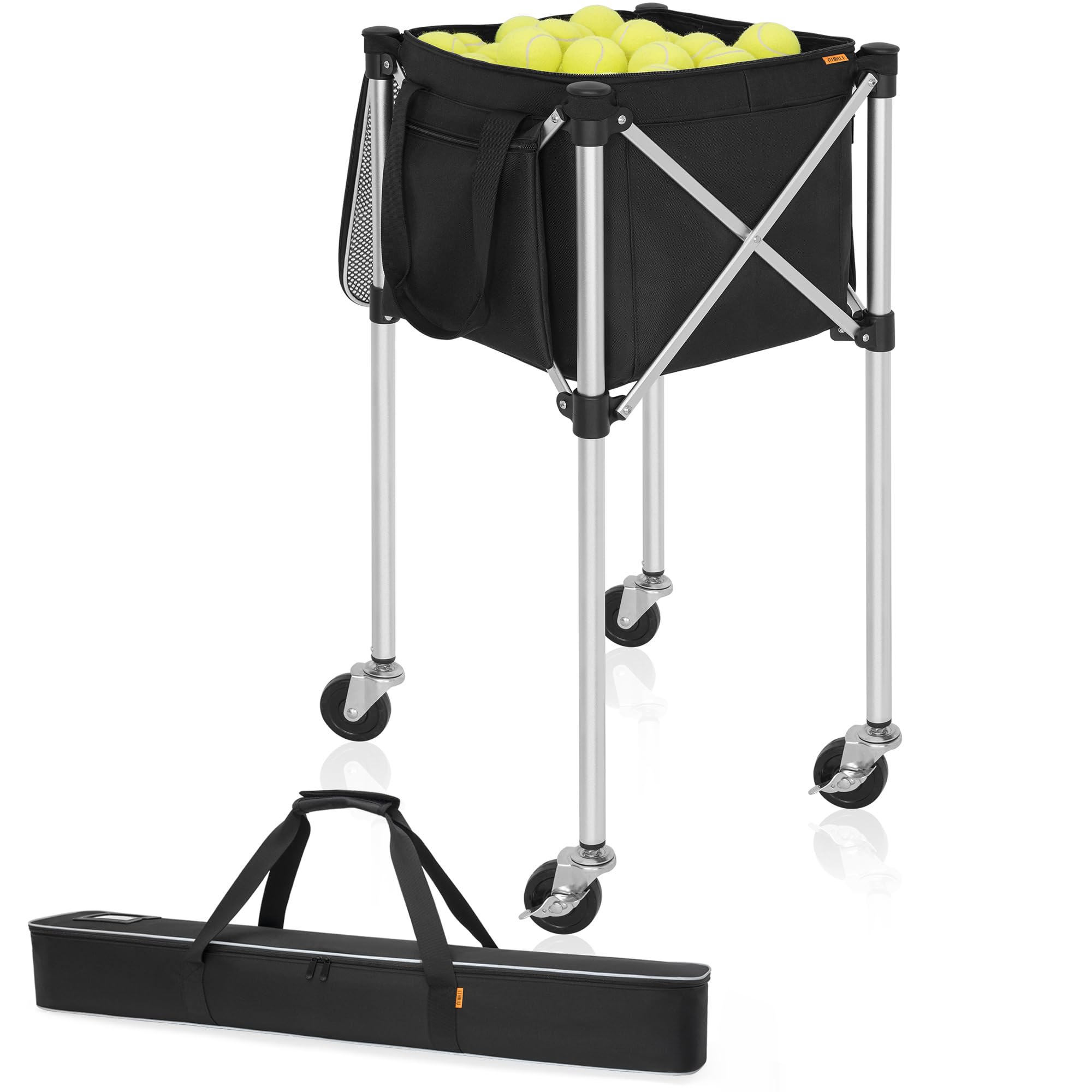 ITHWIU Foldable Tennis Ball Hopper Basket Cart Holds 180 Balls Wheeled Teaching Carts, Light Aluminum Alloy Trolley for Tennis Balls, Portable Compact Design, Black