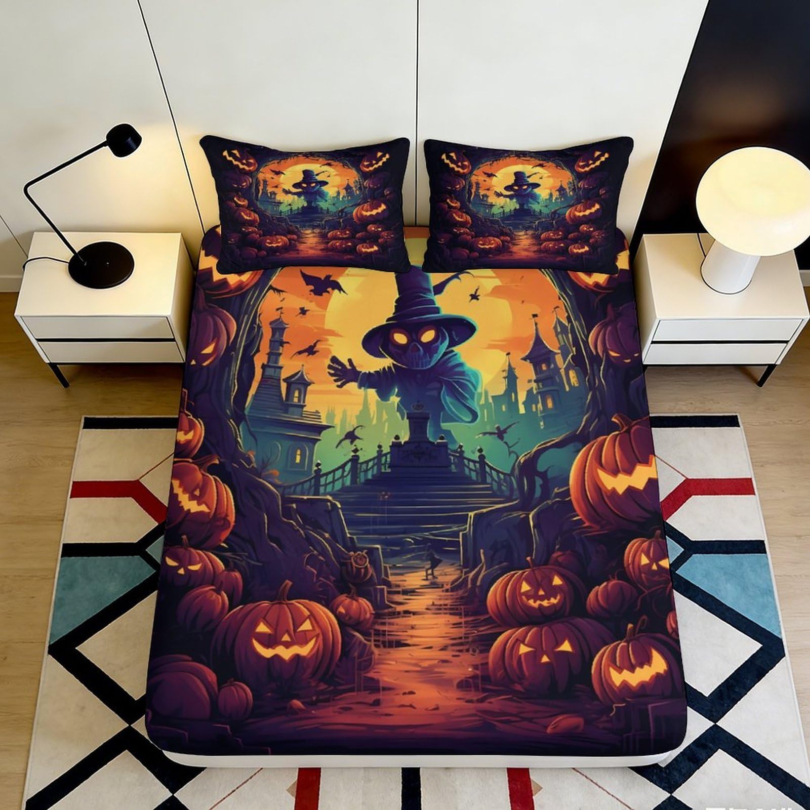 3D Printed Halloween Pumpkin Fitted Sheet Microfiber Soft Witch Castle Bed Cover for Bedroom Dorm Mattress Protection Decor 90x200x25cm