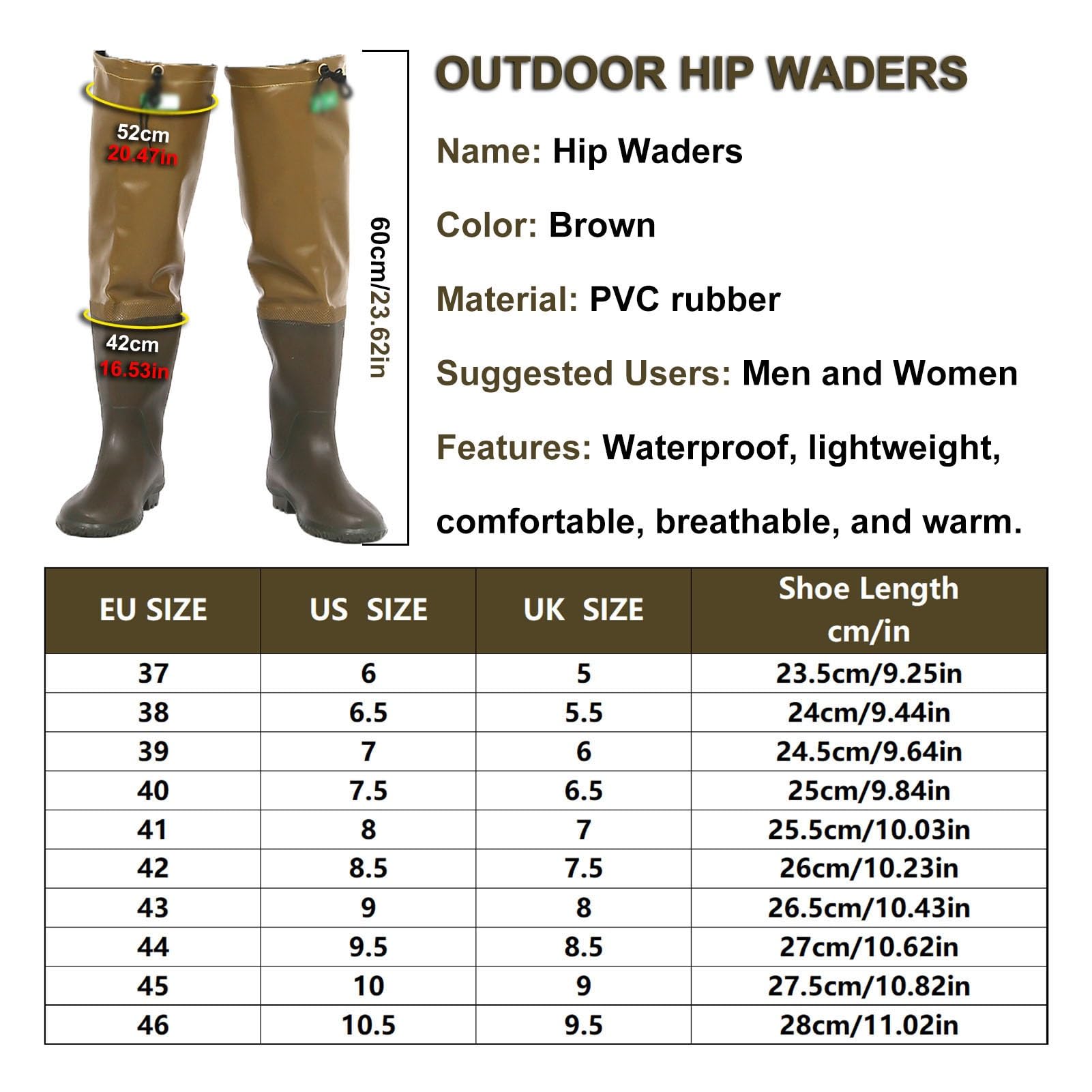 Waders hip Antiscivolo Hip Waders, Marrone Uomo Donna Pesca Wader Senza Perdite, Per La Caccia Paludi Pesca