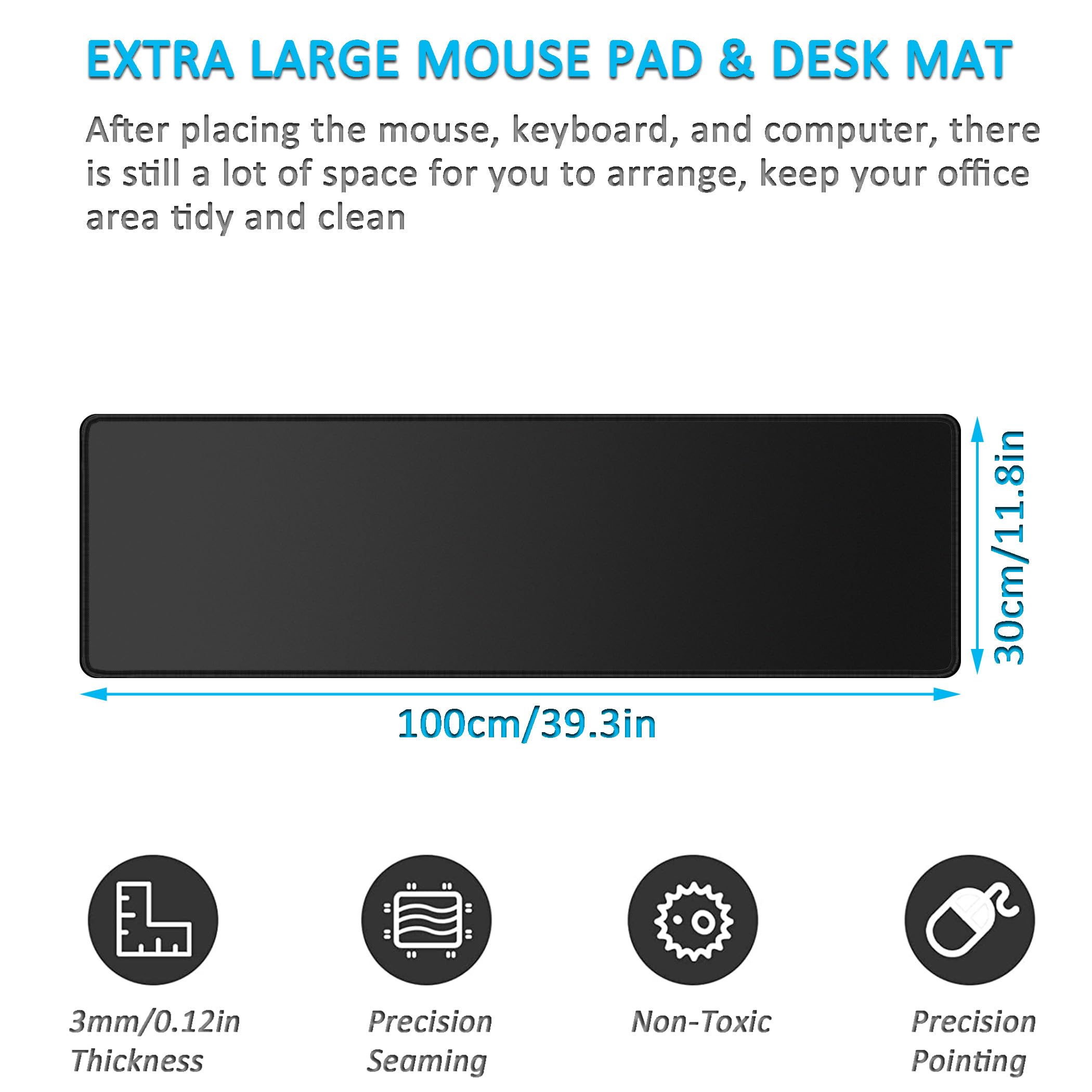 LL-COEUR Black Extended Gamer Mousepad 39.3"x11.8"x0.12", XXL Long Desk Topper Mat with Non-Slip Base for Keyboard Laptop - Image 2