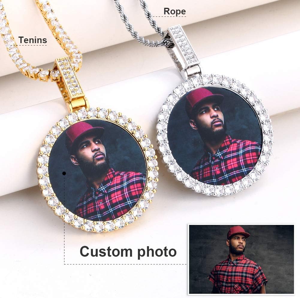 TUHE Custom Picture Necklace Personalized Hip Hop Iced out Heart Angle Wings Pendant Photo Necklace for Men Women Memory Chain Necklace Customized with Picture Rope/Tennis/Cuban Chain Necklaces