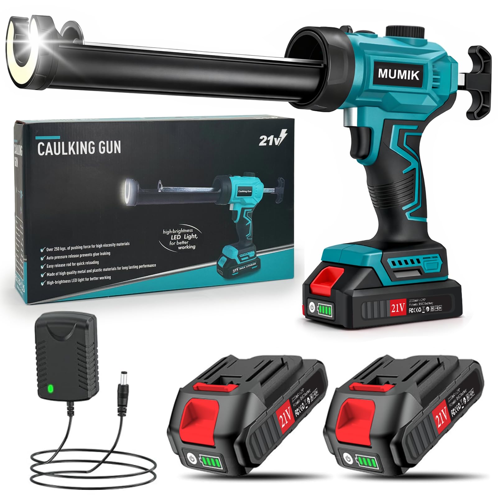 Kartuschenpresse Akku, Elektrische Silikonpistole mit 2 X 2.0Ah Akku, Stufenlose Geschwindigkeitsregelung, Led-Licht, Silikonpresse für 300Ml-Kartuschen (Green)
