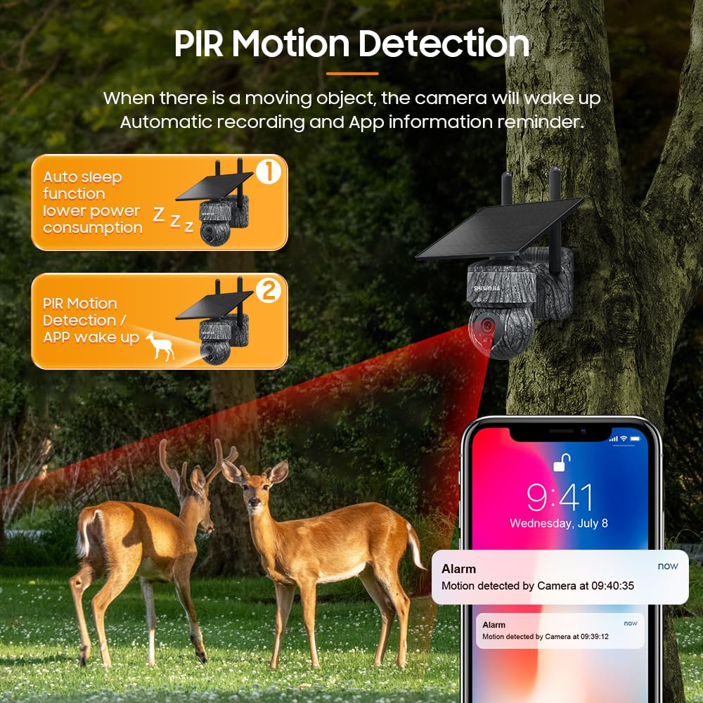 SHIWOJIA 4G LTE Cámara de Vigilancia Exterior Solar con Tarjeta SIM, 2K 360° PTZ Cámara de Seguridad Solar,Audio de 2 vías, Sensor de Movimiento PIR, Visión Nocturna, IP66