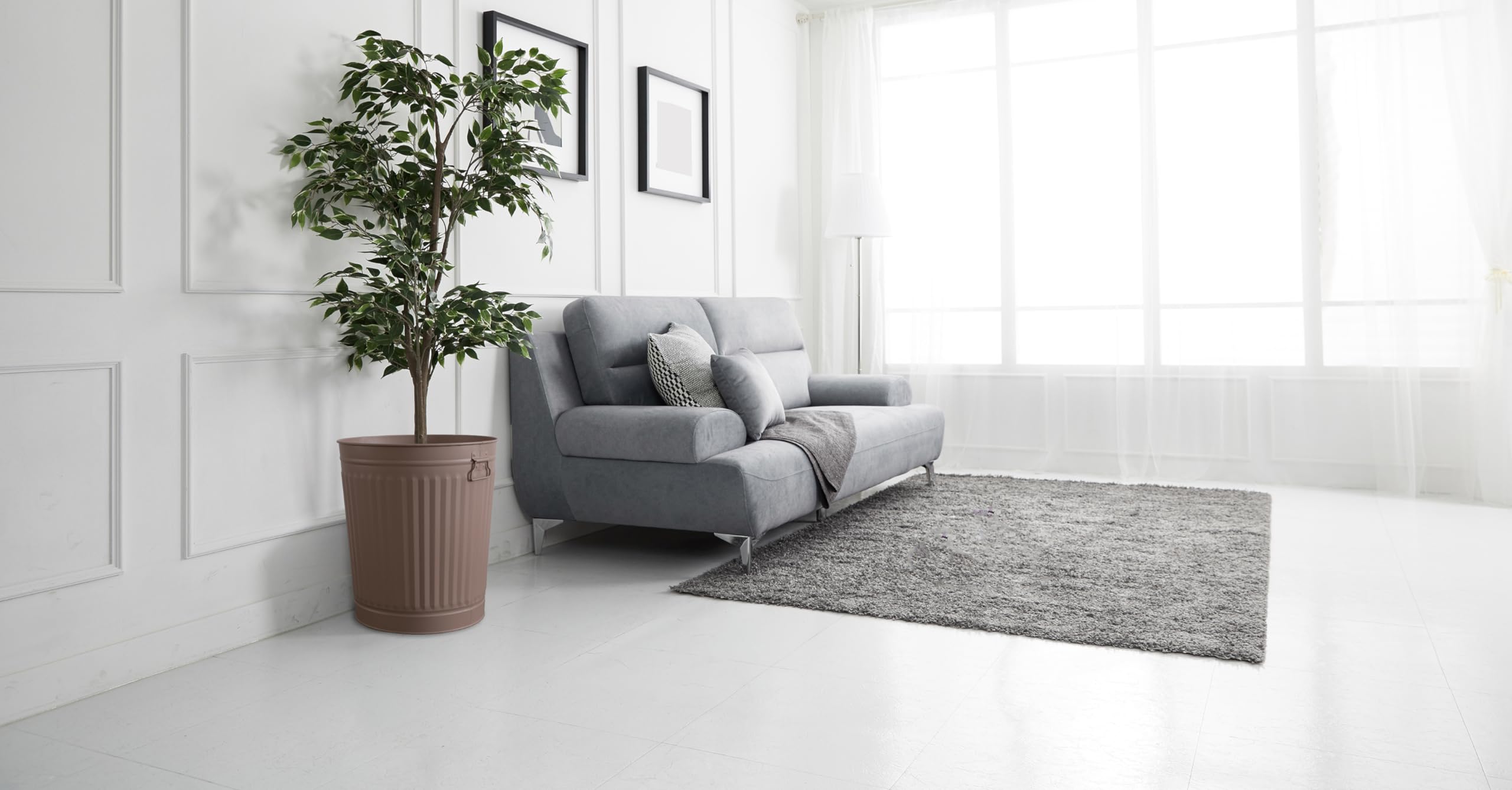 Cubo basura metalico grande cenizas basuras reciclaje exterior jardin con asas y tapa | Beige | Diámetro Ø 42 cm - Altura 47,5 cm | Capacidad: 62 litros