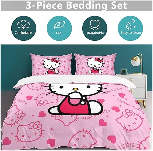 Miniatura 5 de AGner Juego de ropa de cama de dibujos animados Kawaii rosa gato funda de edredón para mujeres y niñas, lindo juego de funda de edredón ligero de 3