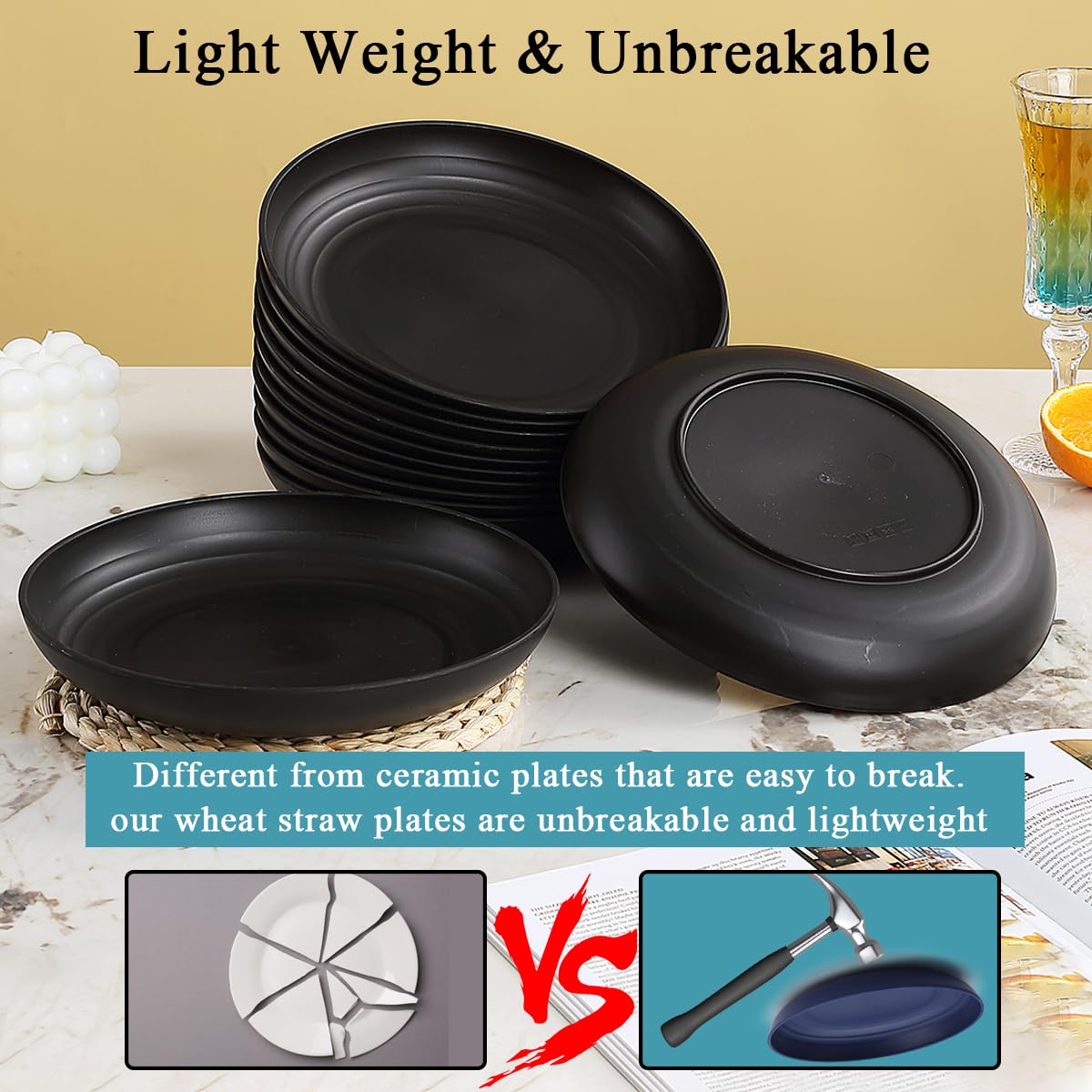 Berglander Nero piatti in plastica da 12 pezzi da 23cm da pranzo infrangibili riutilizzabili e robusti, piatti per insalate, ciotole per pasta, facile trasporto per picnic, campeggio, all'aperto