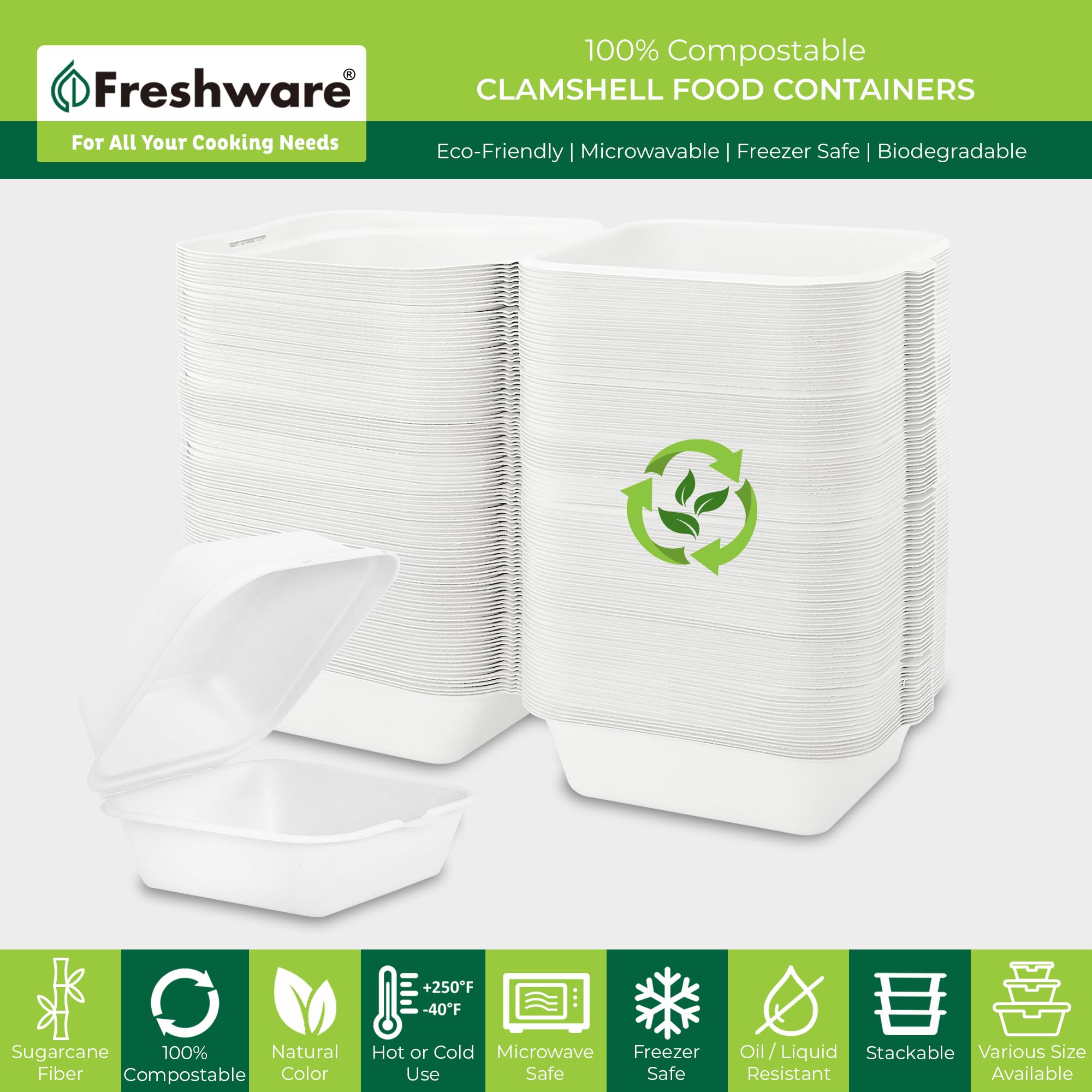 Freshware Clamshell Lebensmittelbehälter mit Deckel [6x6 500-Pack] Einweg-To-Go-Behälter, biologisch abbaubare Zuckerrohr To Go Boxen, Papierbehälter, mikrowellen- und gefriergeeignet, stapelbar