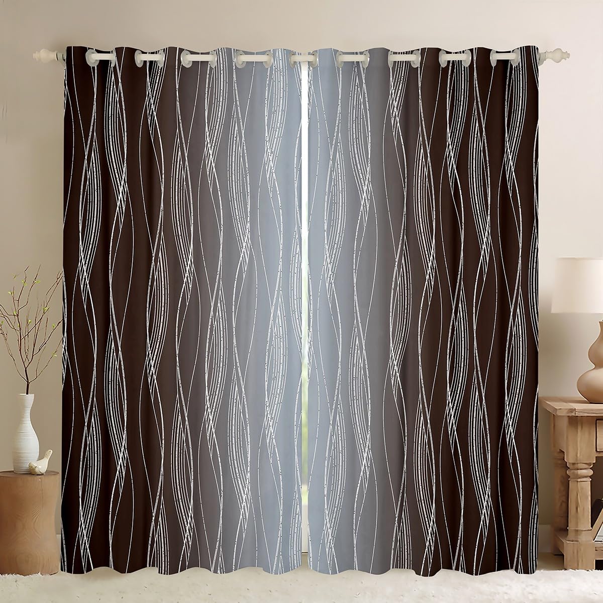 Erosebridal Brown Grey Window Curtains 52" Wx63 L Coffee Gray White Ombre Darkening Drapes Abstract Gradient Blackout Curtains Geometric Silver
