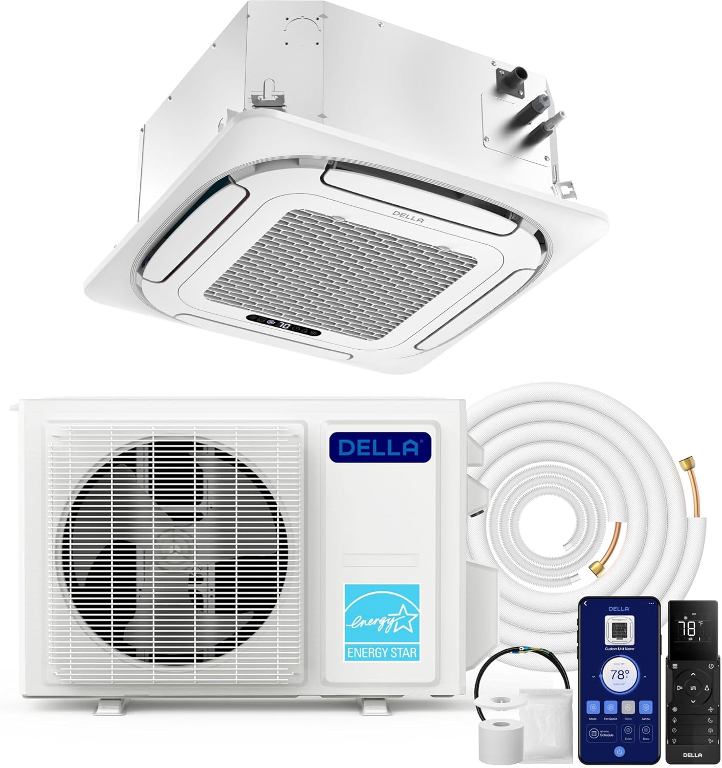 DELLA 12,000 BTU Ceiling Cassette Mini Split AC, Ultra Heat -13℉, 360° Airflow, Work with Alexa, Energy Star, 22 SEER2