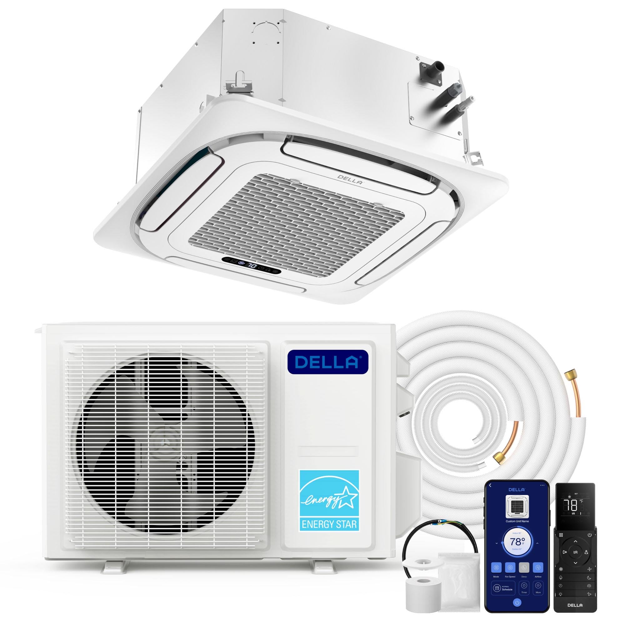 Della DELLA 18,000 BTU Ceiling Cassette Mini Split AC,20.5 SEER2,Ultra Heat -13℉,Energy Star 8-way 360° Airflow,Alexa Control,Ductless Inverter System Pre-Charged Heat Pump,230V,Covers 1000 Sq. Ft,16ft Kit