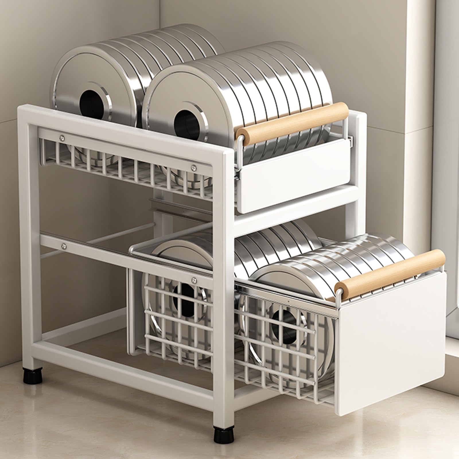 Organizer Sottolavello, Organizer per Mobiletto Estraibile A 2 Livelli, 2 Cassetti Estraibili, Ripiani Portaoggetti per Cucina, Soggiorno, Bagno,White-Set of 2