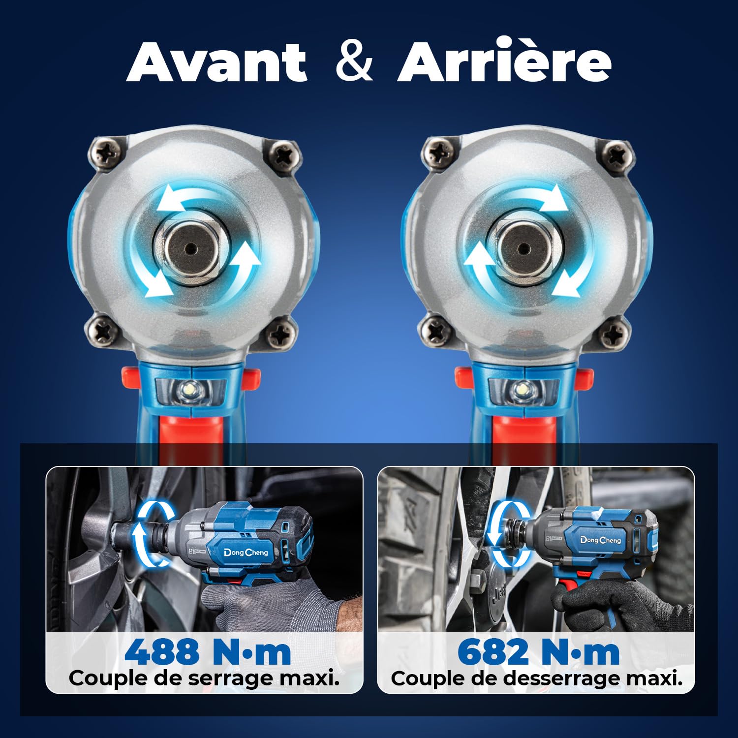Dong Cheng clé à chocs sans fil 20 V avec Batterie 4,0Ah, 488 N.m Boulonneuse à choc sans balais 1/2", 3 vitesses, avec 4 douilles à chocs, Idéale pour l’Automobile et le Bricolage