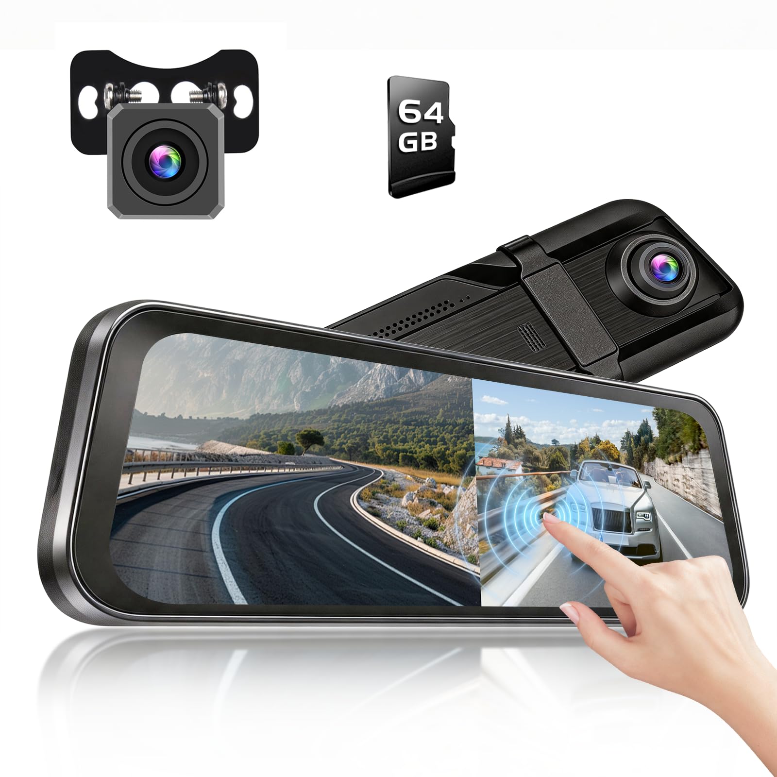 Dashcam Voiture Rétroviseur avec Caméra de Recul, Dashcam avec 9,7" écran Tactile IPS Double Caméra de Tableau de Bord Miroir, Enregistrement en Boucle, Rétroviseur avec Streaming et Carte de 64 Go
