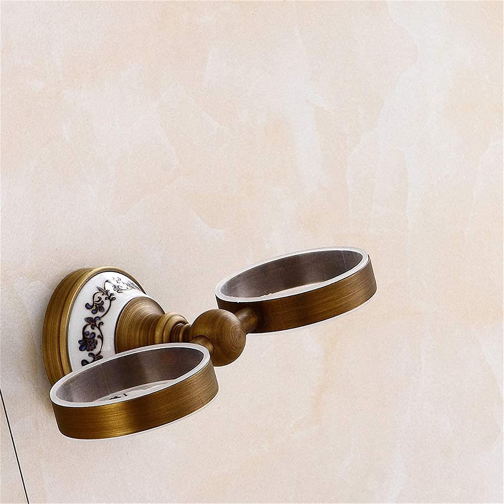 Portaspazzolino doppio a parete, Portaspazzolino doppio in rame massiccio, portabicchieri doppio in ceramica blu e bianco antico, accessori da bagno con superficie spazzolata