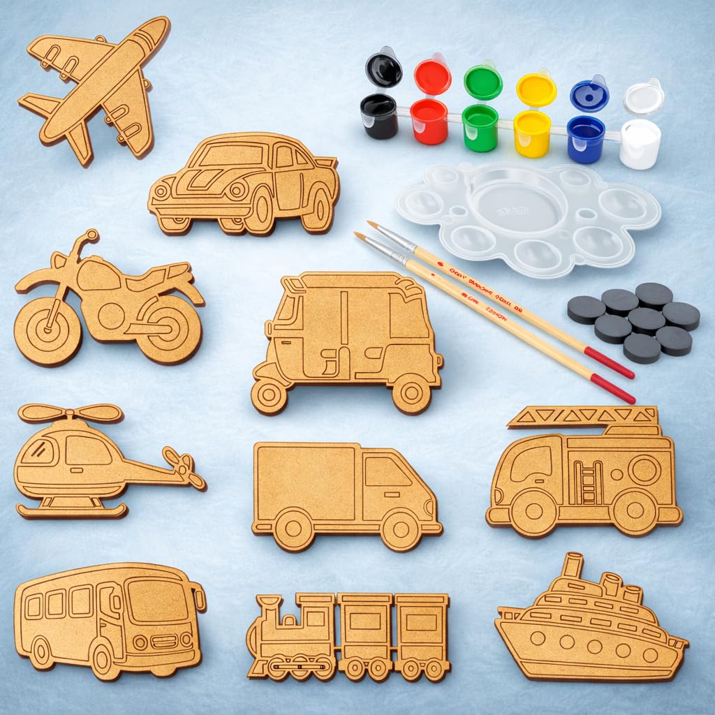 PICRAZEE DIY Wooden Vehicle Painting Kit for Kids | 10 Pine MDF Vehicle Cutouts (5.5 mm Thick) with Acrylic Colors, Brushes, Palette & Magnets | Art & Craft Creative Activity Toy-picture-16