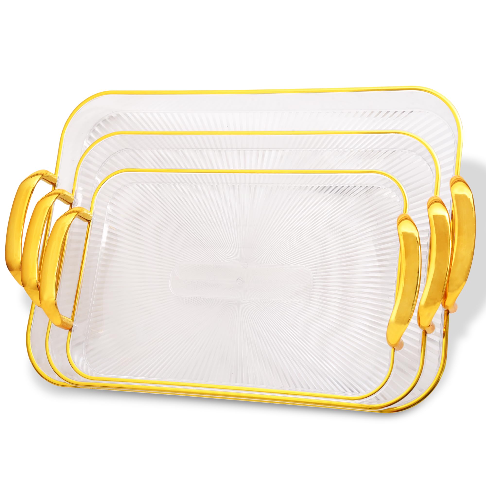BAREPEPE Plastic Serving Tray Set for Kitchen Rectangular Stylish Design Fancy Coated Golden Borders - Transparent White - Set of 3 Sizes