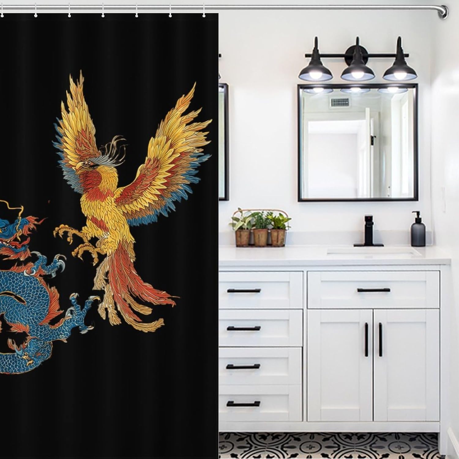 Chinese Dragon and Phoenixbird Shower Curtain 46.85x70.87Inch（119x180cm） Polyester Bath Curtain Shower Curtains Printed Decorative