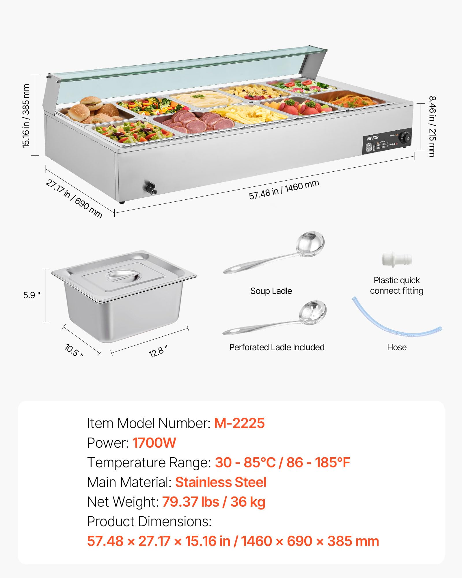 VEVOR Scaldavivande Commerciale, Scaldavivande Elettrico in Acciaio Inox da 1700 W con Coperchio in Vetro, Bagnomaria da Banco a 10 Teglie, con Mestoli per Zuppa e Forati, per Ristoranti