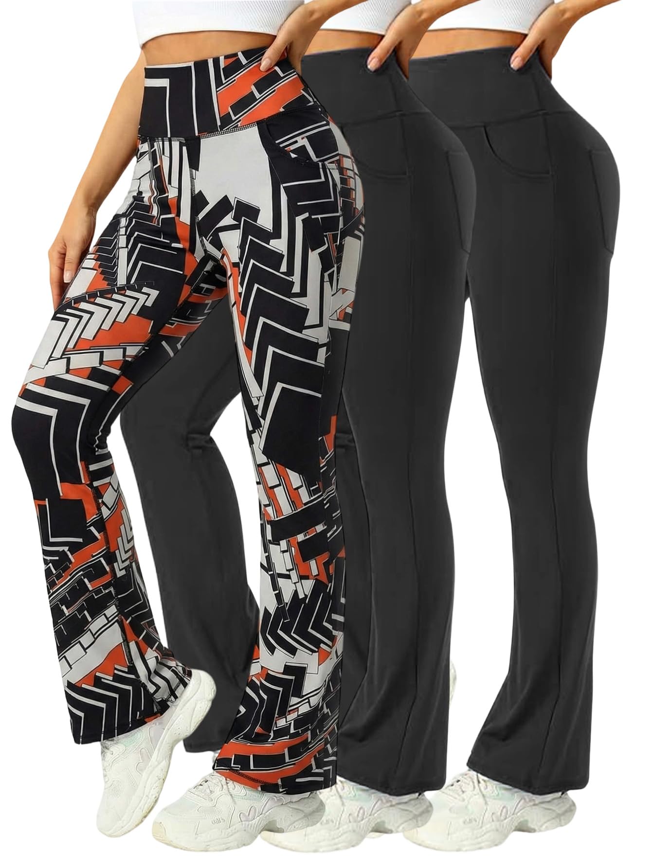 3 Packs Womens High Waist Flare Pants-Flare Yoga Pants，Yoga Pants with Pockets - High Waist and Wide Leg Large 3 Pack Black + Black + Red Check Print
