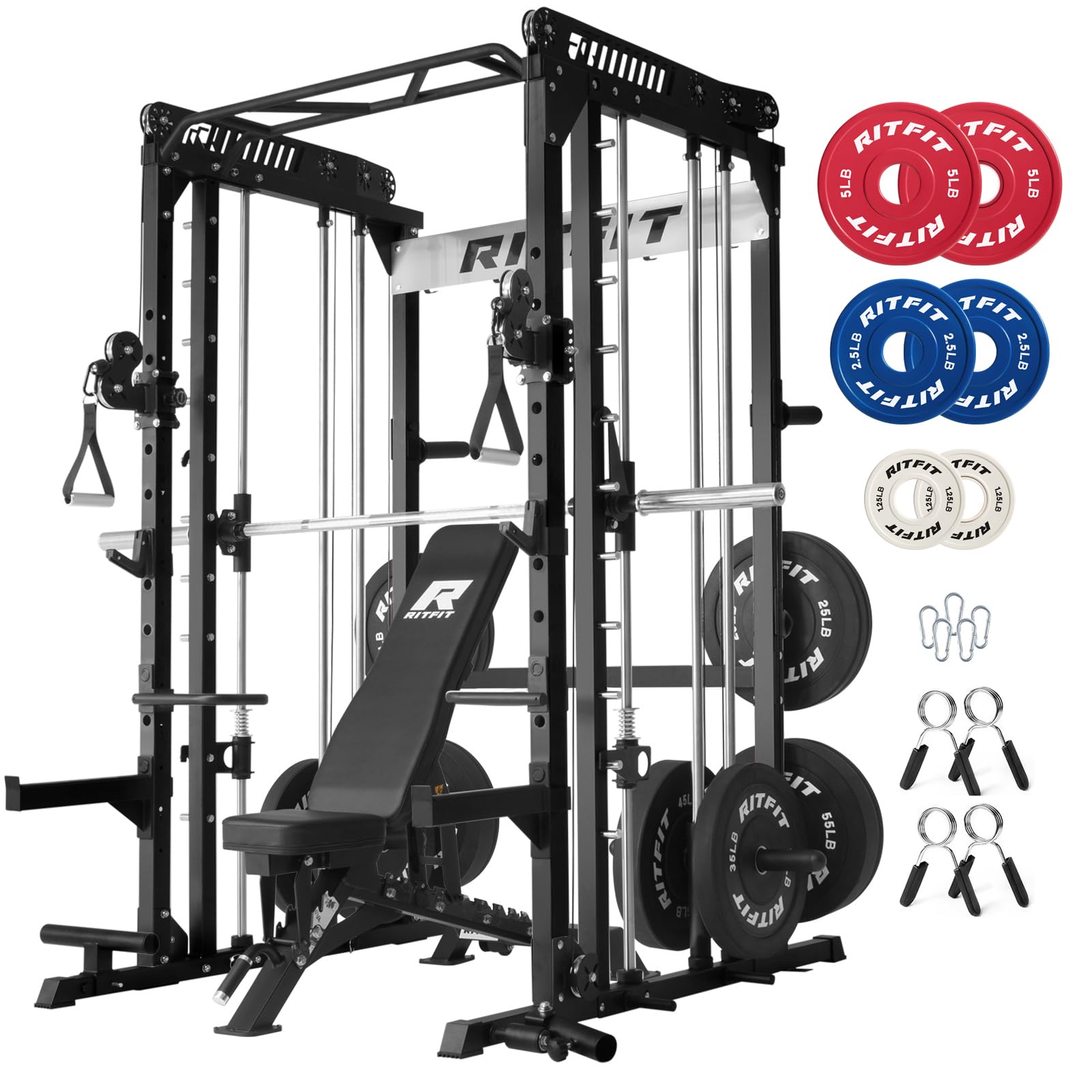 RitFit M1 & M1 Pro Smith Machine with Cable Crossover System, Multi-Function Squat Rack Power Cage for Home Gym, Power Rack and Packages