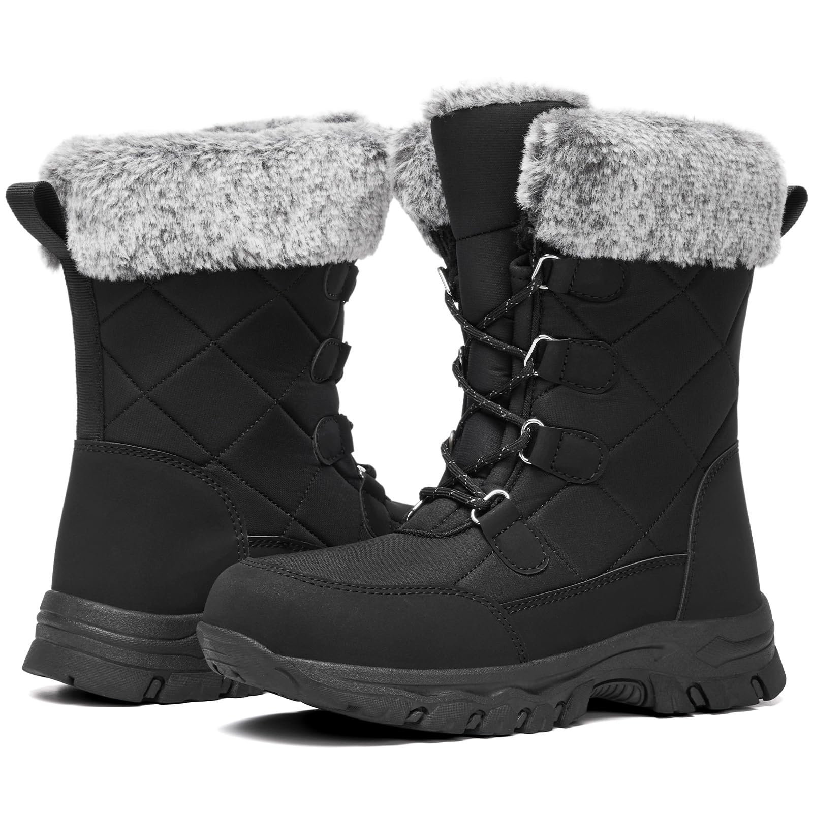 Womens Snow Boots Winter Water-Resistant Faux Fur Lined Warm Outdoor Lace Up Mid-Calf Booties Deep Tread Rubber Sole