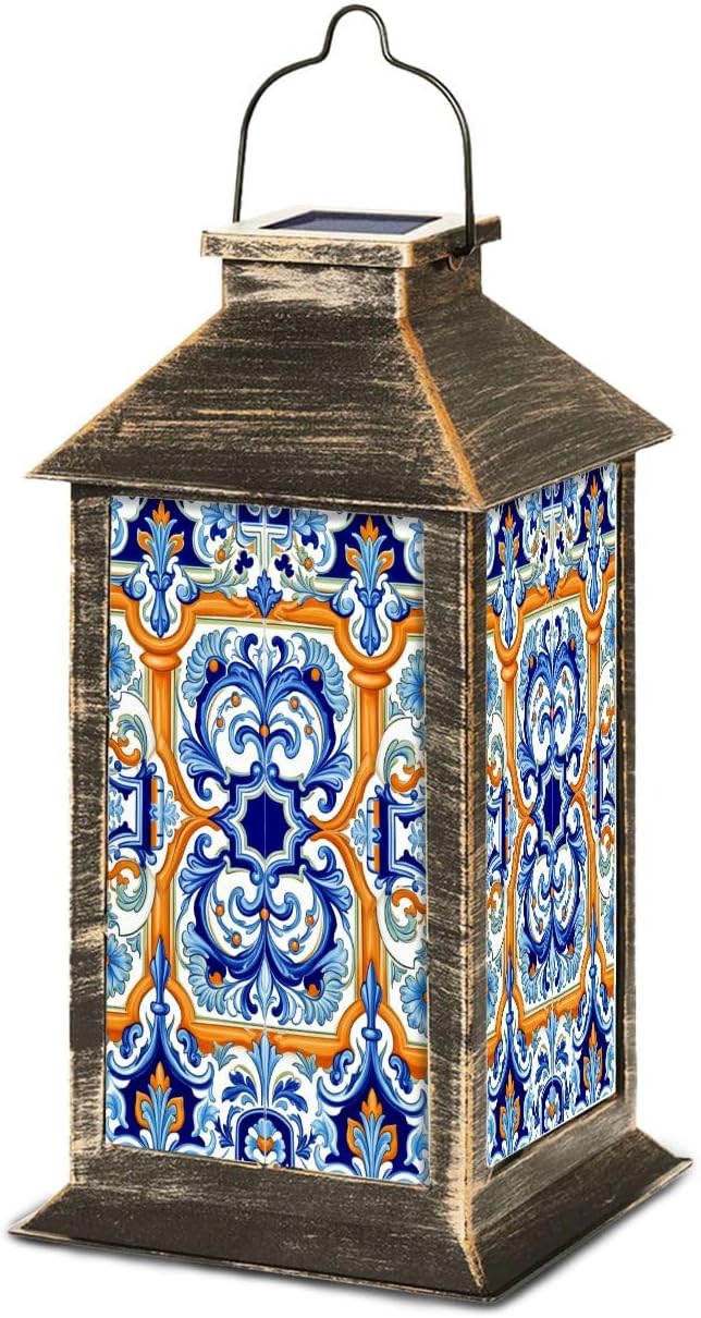 Solar Lantern Ornate Blue Orange Ceramic Tile Floral Scroll Motifs Outdoor Waterproof Hanging Solar Light Outside Lights for Patio Yard House Lawn Decor Birthday Gifts for Women Mom