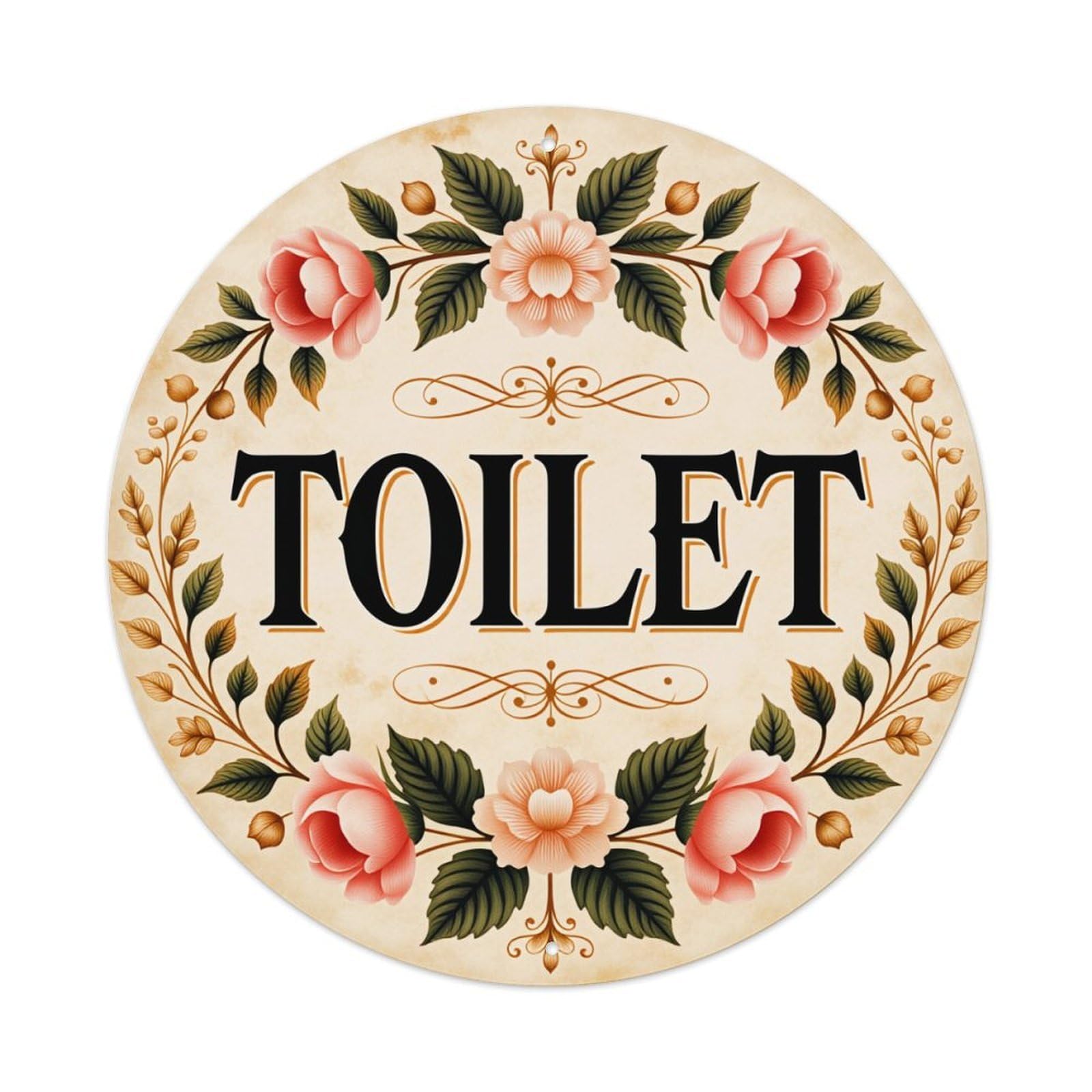 Floral Wreath With Roses And Leaves Surrounding Toilet Text Round Vintage Tin Sign,Retro Wall Art,Metal Poster for Home, Bar, Garage, Cafe, Rustic Indoor & Outdoor Decor, 8x8 Inches