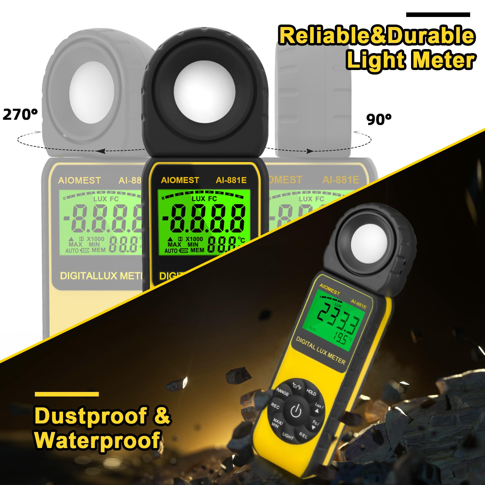 Luxmètre Numérique Portable AIOMEST AI-881D - Plage 0.01-400,000 Lux, Détecteur 270°, Pour Plantes, Aquarium, Photo