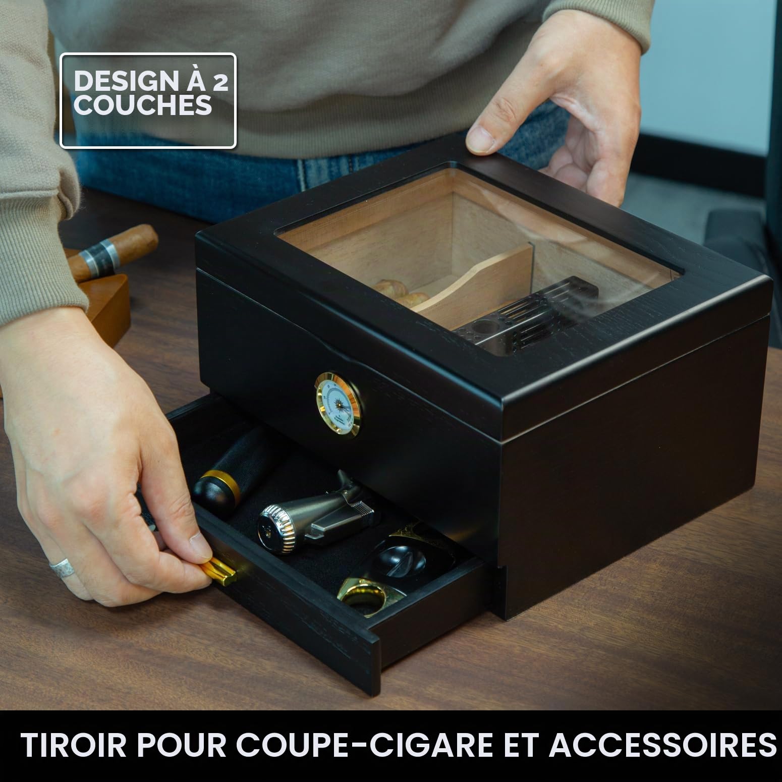 Slege Cave à cigares, Caves à cigares, boîte à cigares en Bois de cèdre Espagnol, Accessoires de cigares, tiroir, avec humidificateur, hygromètre, séparateur, Cadeau pour Homme（Noir）