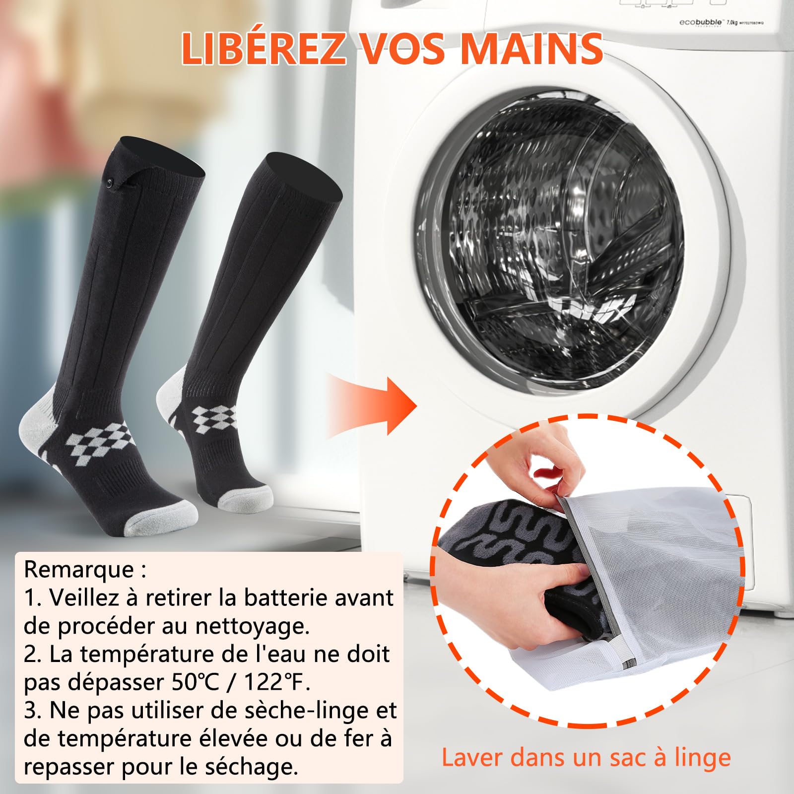 Chaussettes Chauffantes pour Homme et Femme, Électriques 9000mAh avec 3 Températures Réglables Chaussette Chauffante pour Ski, Cyclisme, Extérieur, Camping(12 à 18H de Travail)