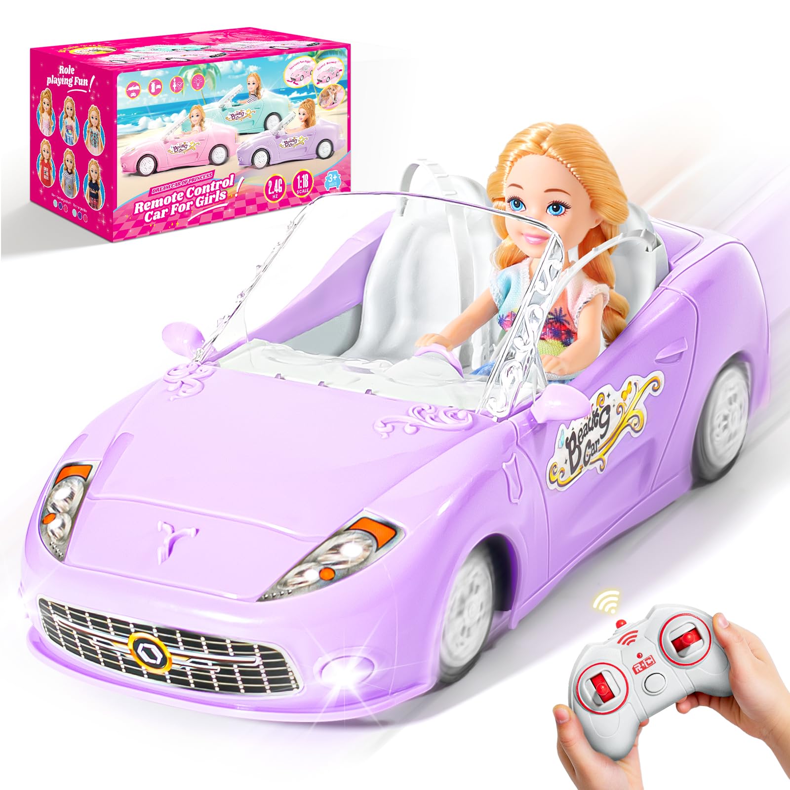 Purple Remote Control Car for Girls, 1:18 Scale RC Cars with LED Light, 2.4 GHZ Purple Truck Toy with 100 Min Long-Lasting Rechargeable Batteries, Gifts for Boys Girls Aged 4-7