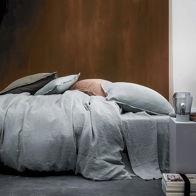 Get Bed Ready Stone Washed Cotton Casual Chambray Duvet Cover Set Solid Color Relaxed Soft Feel Modern Style Bedding Natural Wrinkled Lived-in Look Eco Friendly Stonewashed (Cloudy Blue, King)